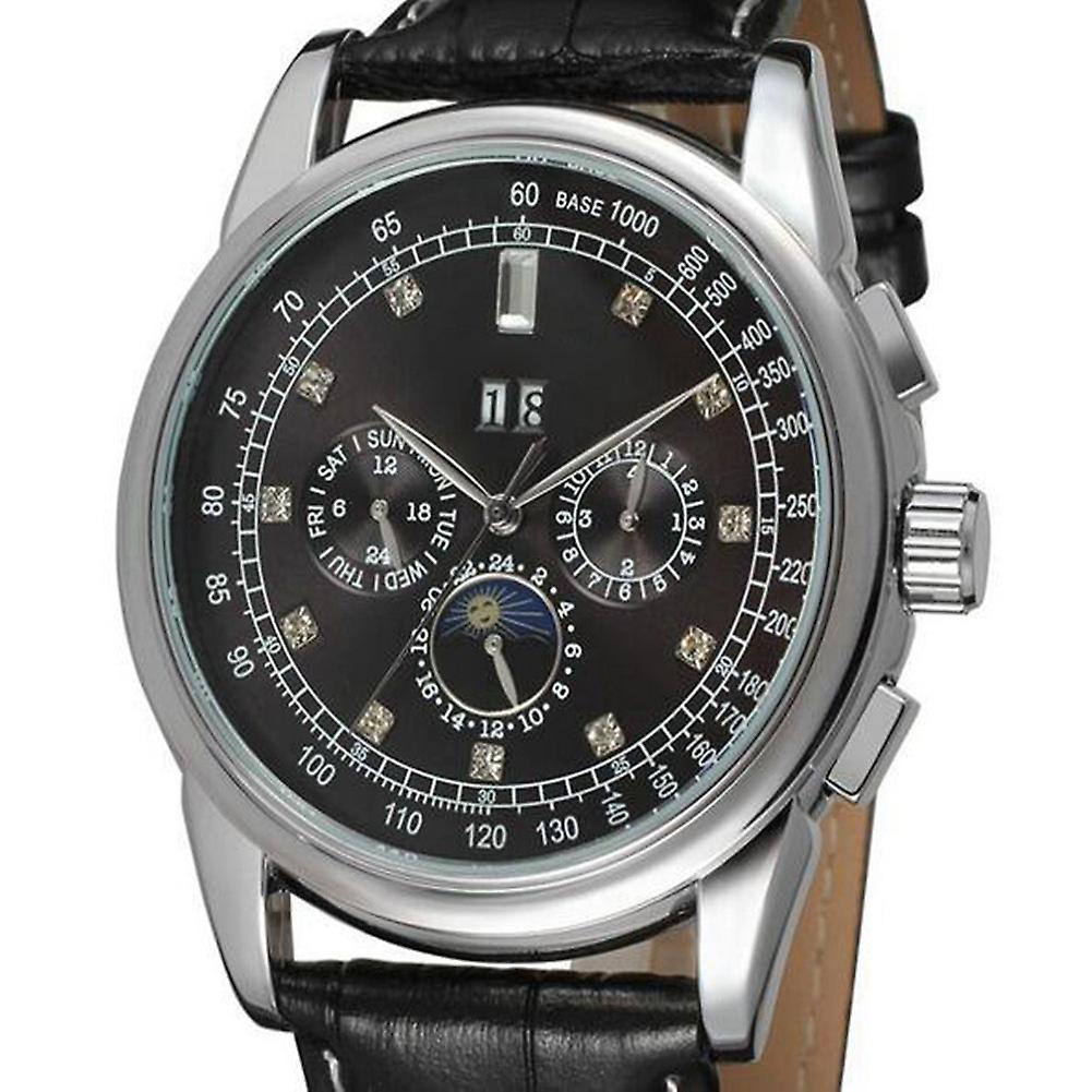 FORSINING Auto Mechanical Watch Real Leather Strap 24-hour Men Watch - Black Face Silver Edge