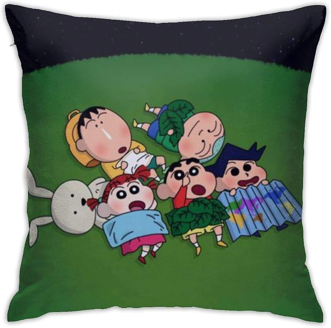 柔らかい装飾的なスロー枕ケースクレヨンしんちゃんの友達が芝生の上に横たわっている正方形の枕カバークッションカバーソファベッドの椅子Cのための高級枕カバー