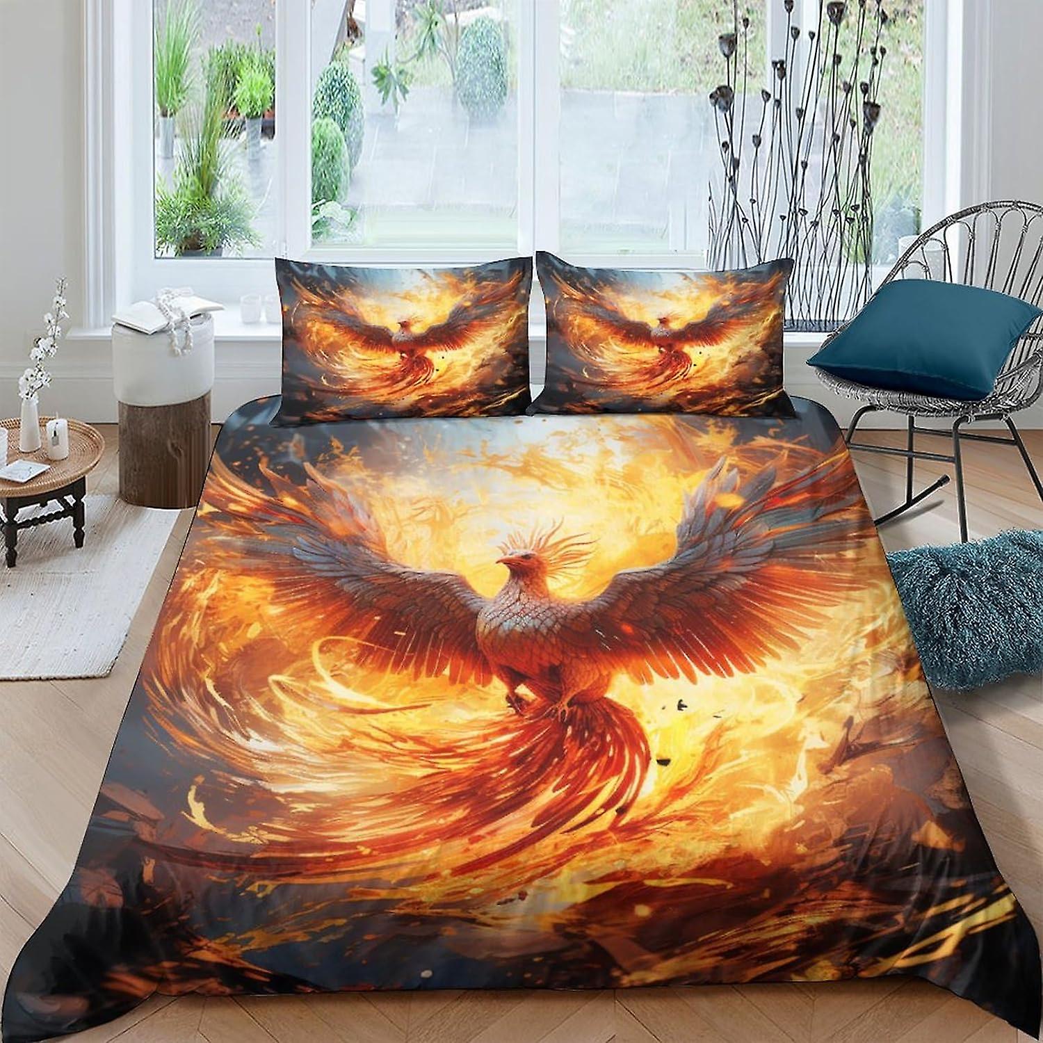 ZELLART Flame Bird Sängkläder Set 3D Påslakan Set Mjukt Mikrofibertäcke med Örngott, Täcke Täcke 3 Piece Set Dubbel