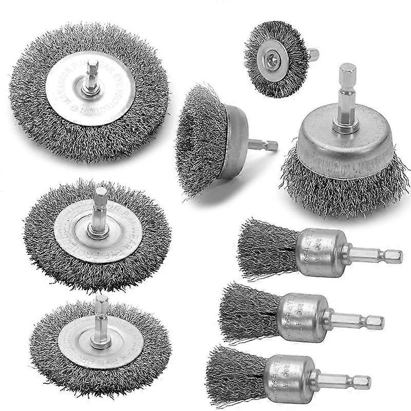 9PC Coarse Crimped Wire Wheel Cup Pen Brush Set for Drill,Carbon Steel Wire Brush with Hex Shank fo
