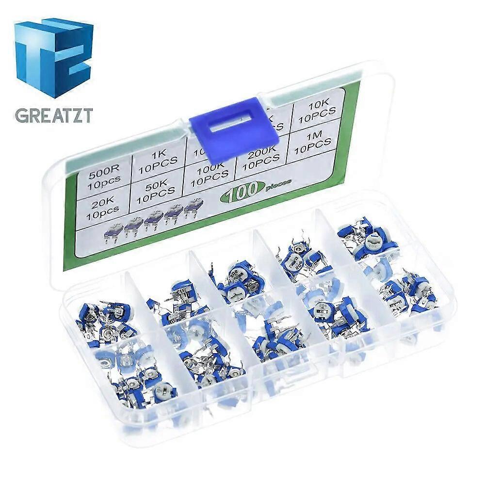 100Pcs/Box RM065 Carbon Film Horizontal Trimpot Potentiometer Assortment Kit 10 Values Variable Resistor 500R - 1M