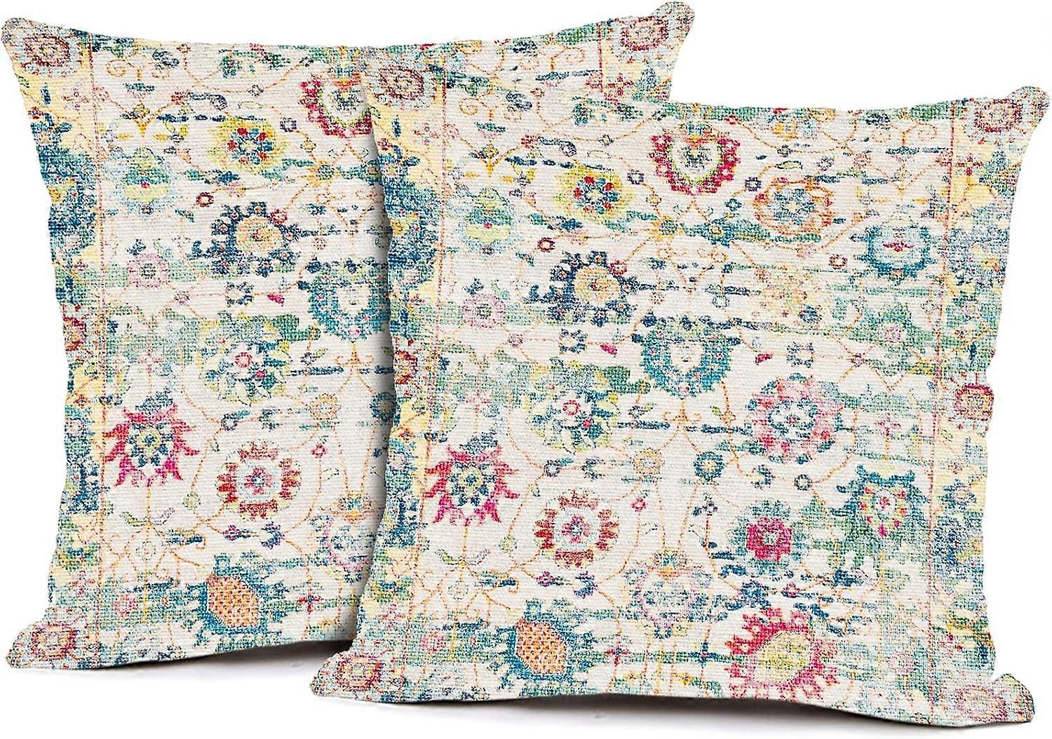 Capa de Almofada Boho com Flores Patten em Vermelho, Amarelo, Verde, Azul Linho Quadrado Cintura Conjunto de 2 Capa de Almofada Decorativa Fronha Sofá 16