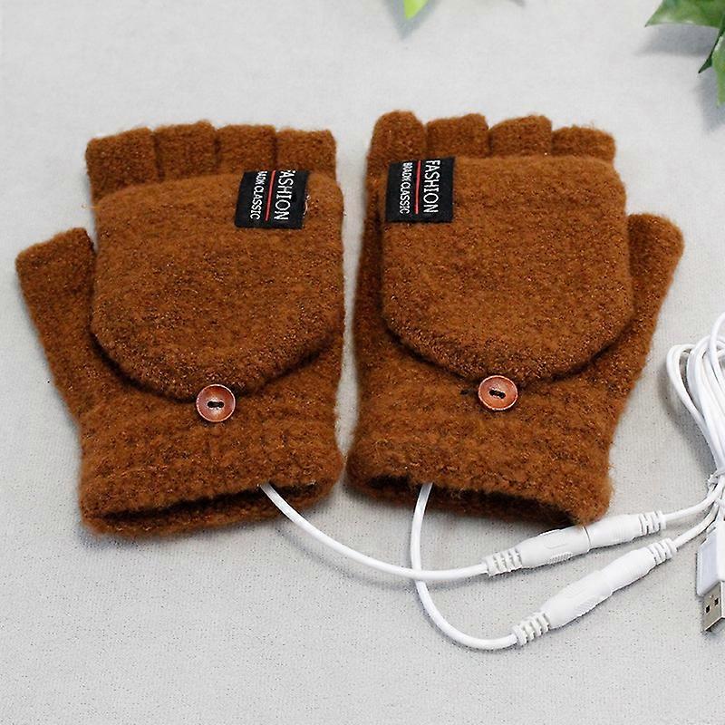 USB Heated Mittens (Coffee)Knitted for Computer and Laptop USB Heated Gloves Winter Knitted Warm Half Finger Gloves Warm Sports Gloves