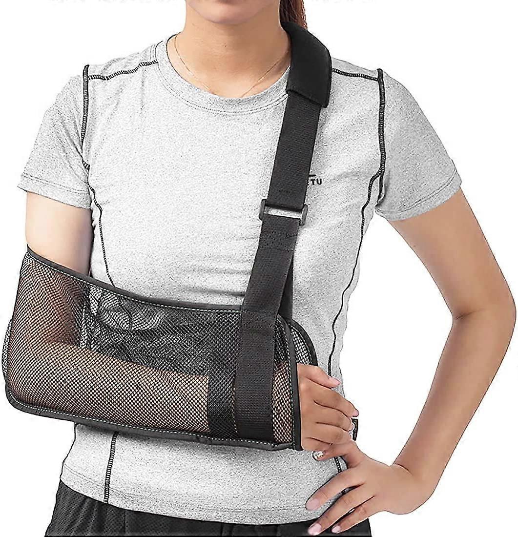Medical sling for arm support, shoulder and rotator cuff immobilization With support strap Light and breathable fabric Black
