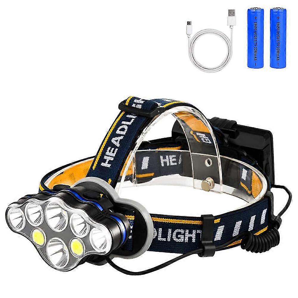 Led Headlamp Rechargeable Headlight Flashlight Usb Cable 2 Batteries