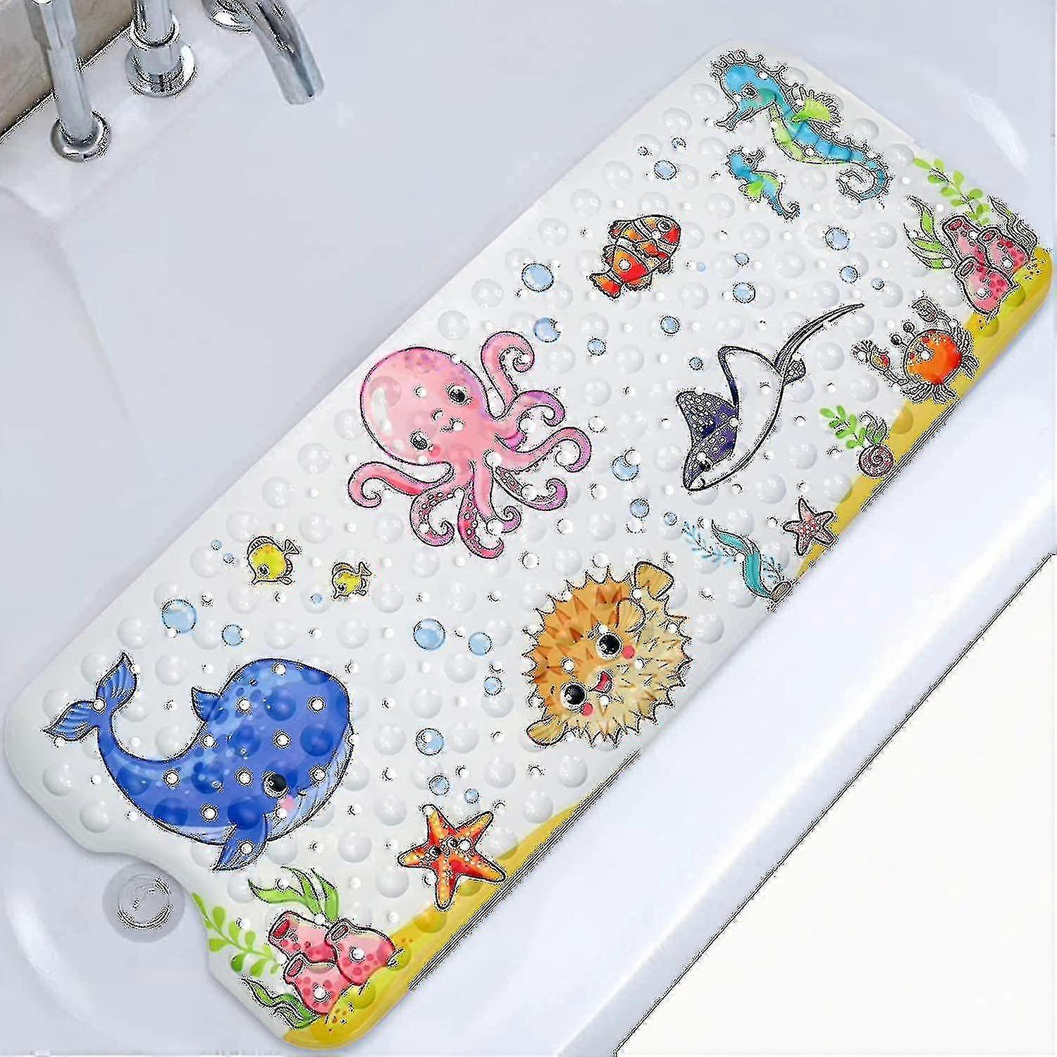 Mng عدم الانزلاق حصيرة حمام 100x40cm ، حصيرة حوض استحمام مضادة للانزلاق مع 200 كوب شفط المواد البلاستيكية ، حصيرة دش مع الحيوانات البحرية الكرتون للأطفال والرضع --
