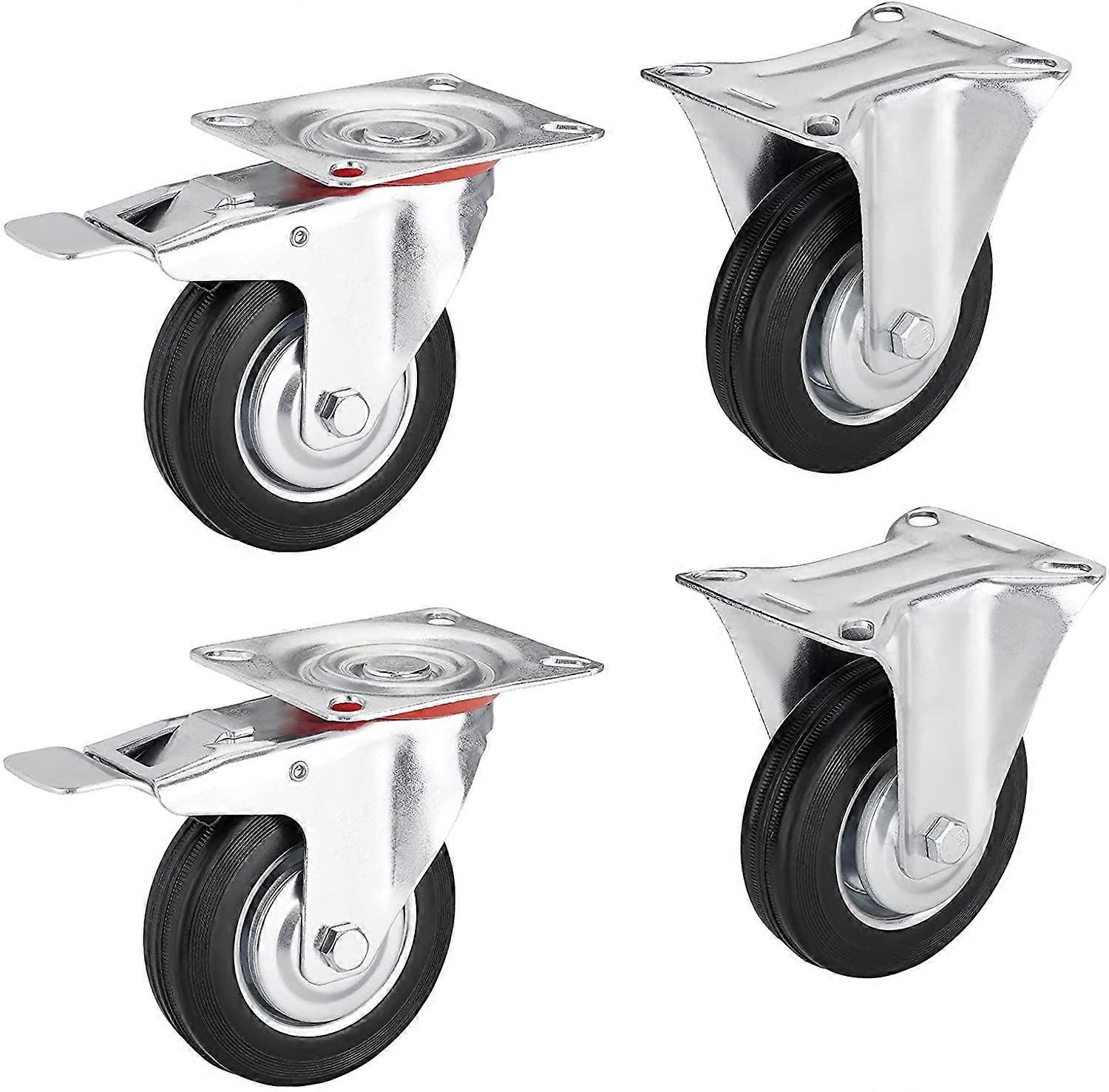 Set of 4 heavy duty castors  75 mm (2x fixed castors, 2x swivel castors with brake) Height 96 mm