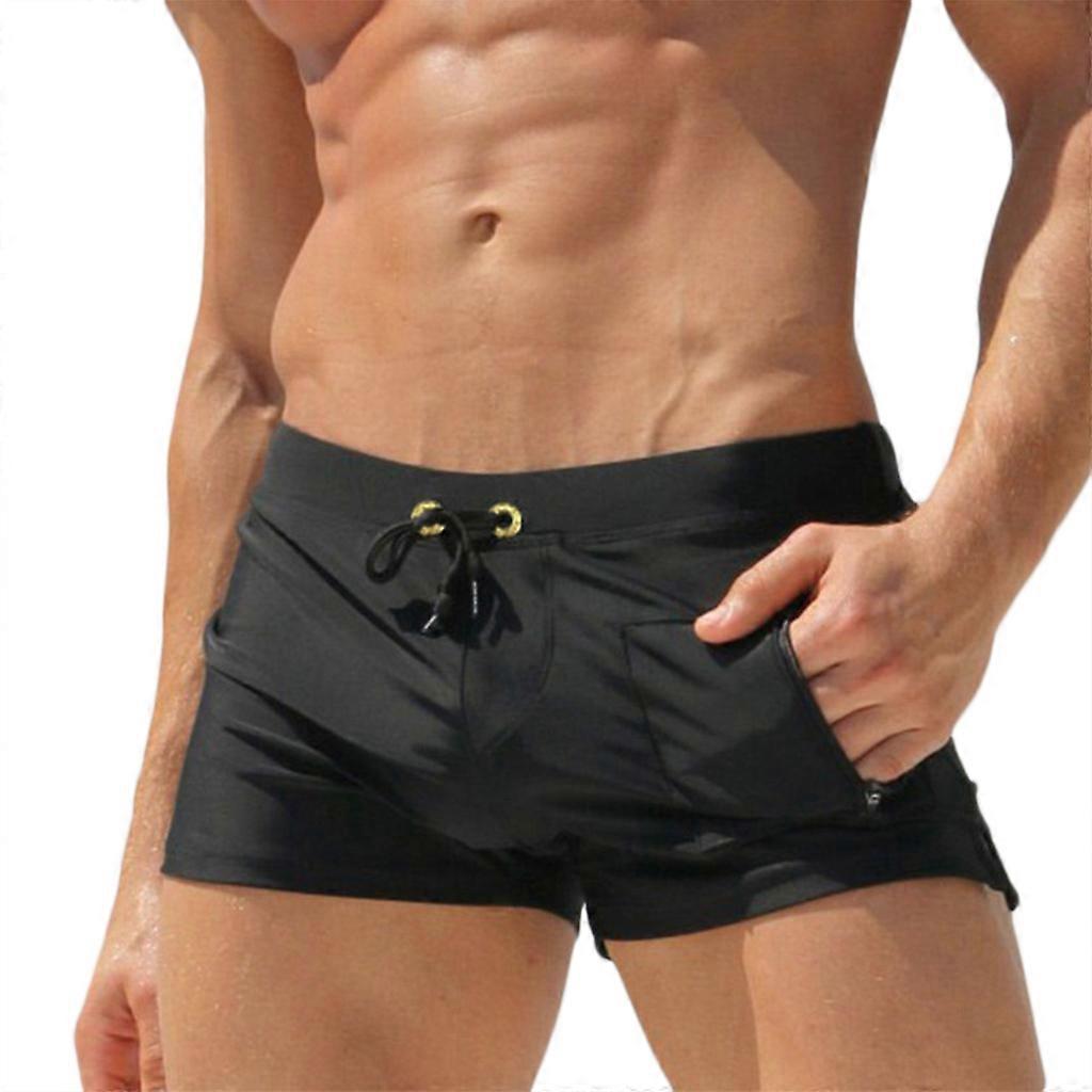 Men Swimwear Boxer Briefs Solid Color Drawstring Waist Beach Board Shorts Quick Dry Swim Trunks with Zipper Pocket S-2XL
