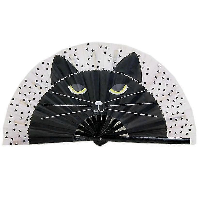 Bamboo Nylon-Cloth Folding Hand Fan with Cat Pattern for Dance