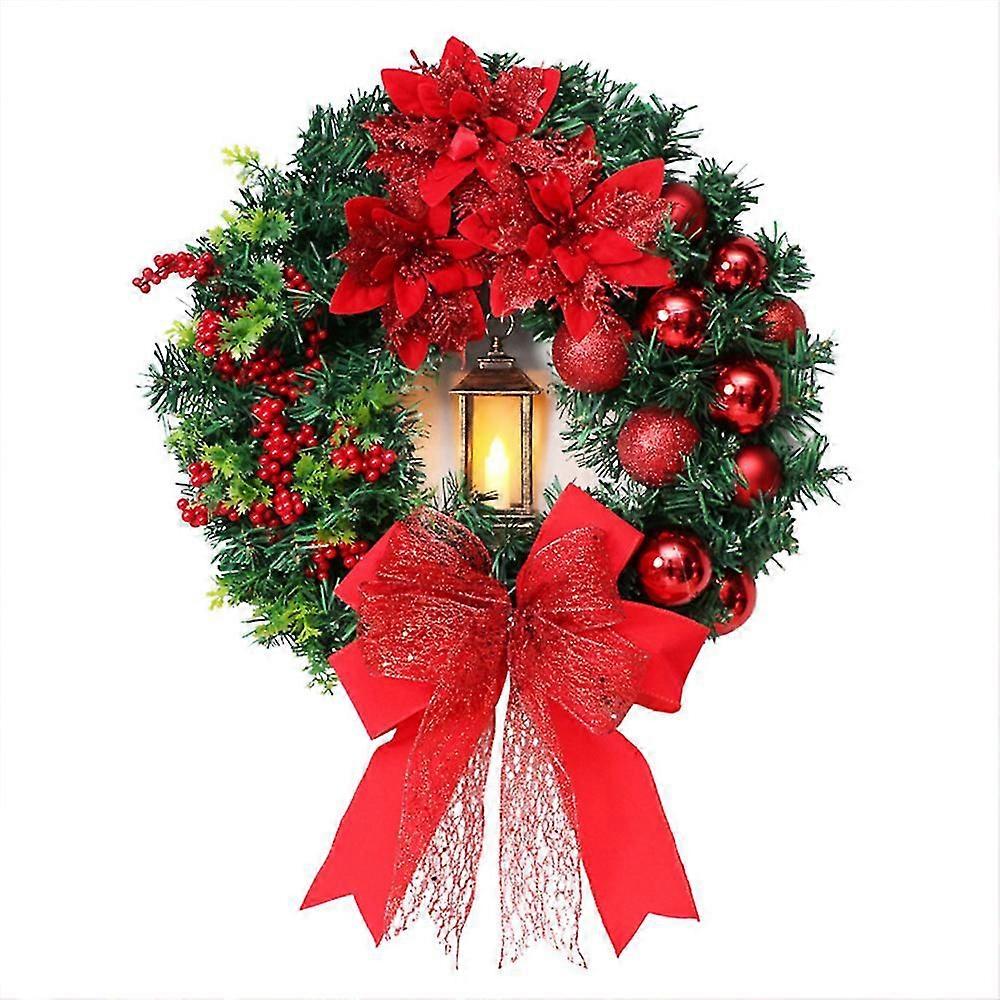 Christmas Wreath With Wind Lantern Bowknot Red Flower Front Door Ornament For Party Decor Window