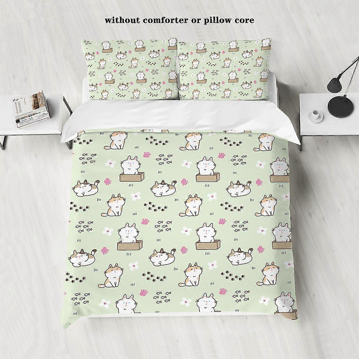 x473 ملاءات سرير غطاء لحاف من قطعة مع طباعة نمط القط الكرتوني الأخضر (غطاء لحاف أسفل ، بدون نواة) طقم فراش ناعم من 3 قطع