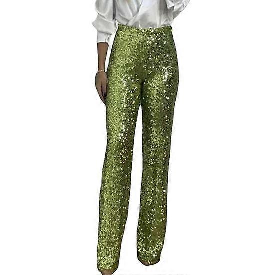 Women Sequins Long Pants High Waist Slim Fit Shining Trousers Solid Color Elastic Flared Pants Streetwear