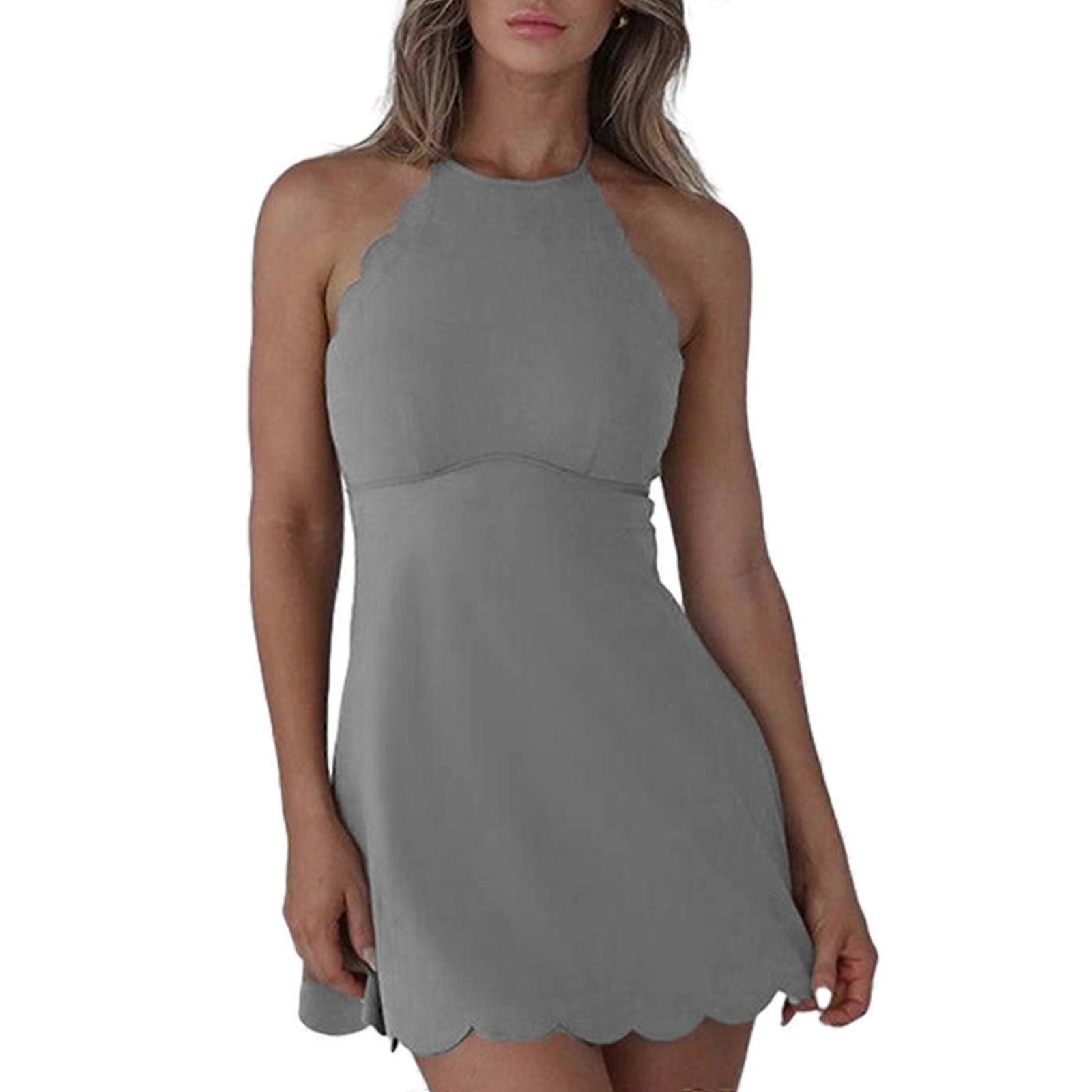 Women Mini Bodycon Dress Ladies Sexy Backless Dress Female Halter Lace Up  Dress Fashion Sleeveless Dress Holiday Dress Gray M