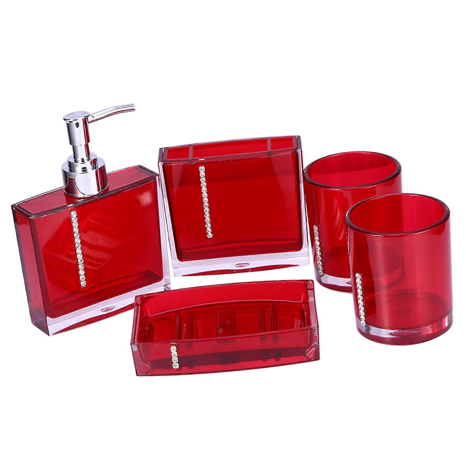 Bathroom Accessories Set, 5PC/Set Acrylic Bathroom Accessories Bath Cup Bottle Toothbrush Holder Soap Dish Red