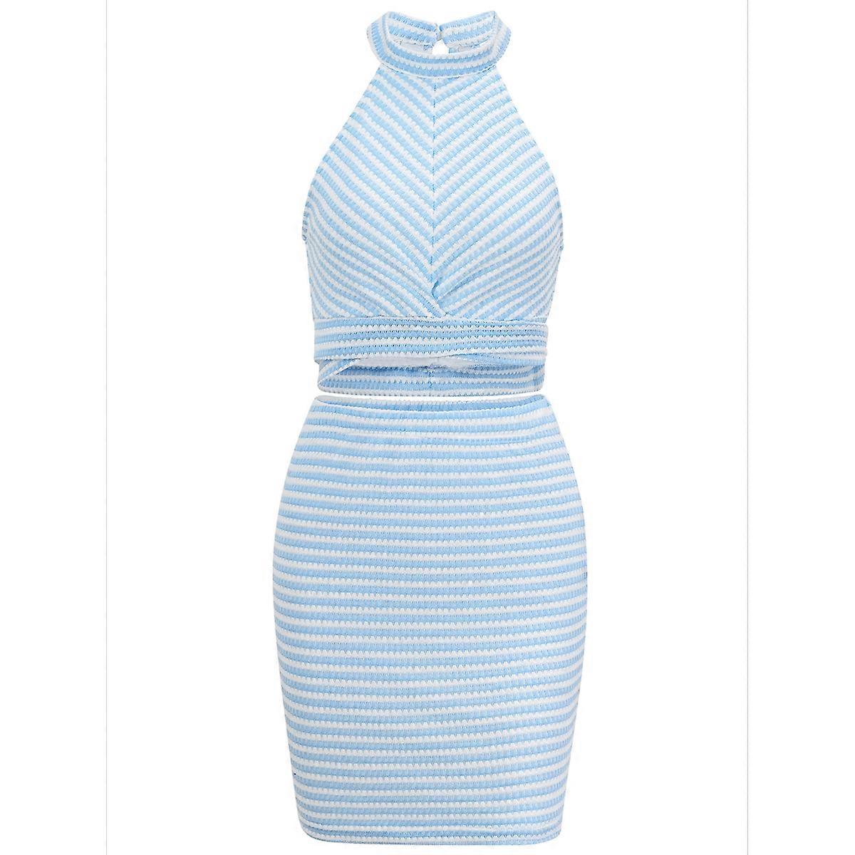 Sleeveless Backless Two Piece Suit Blue and White XL