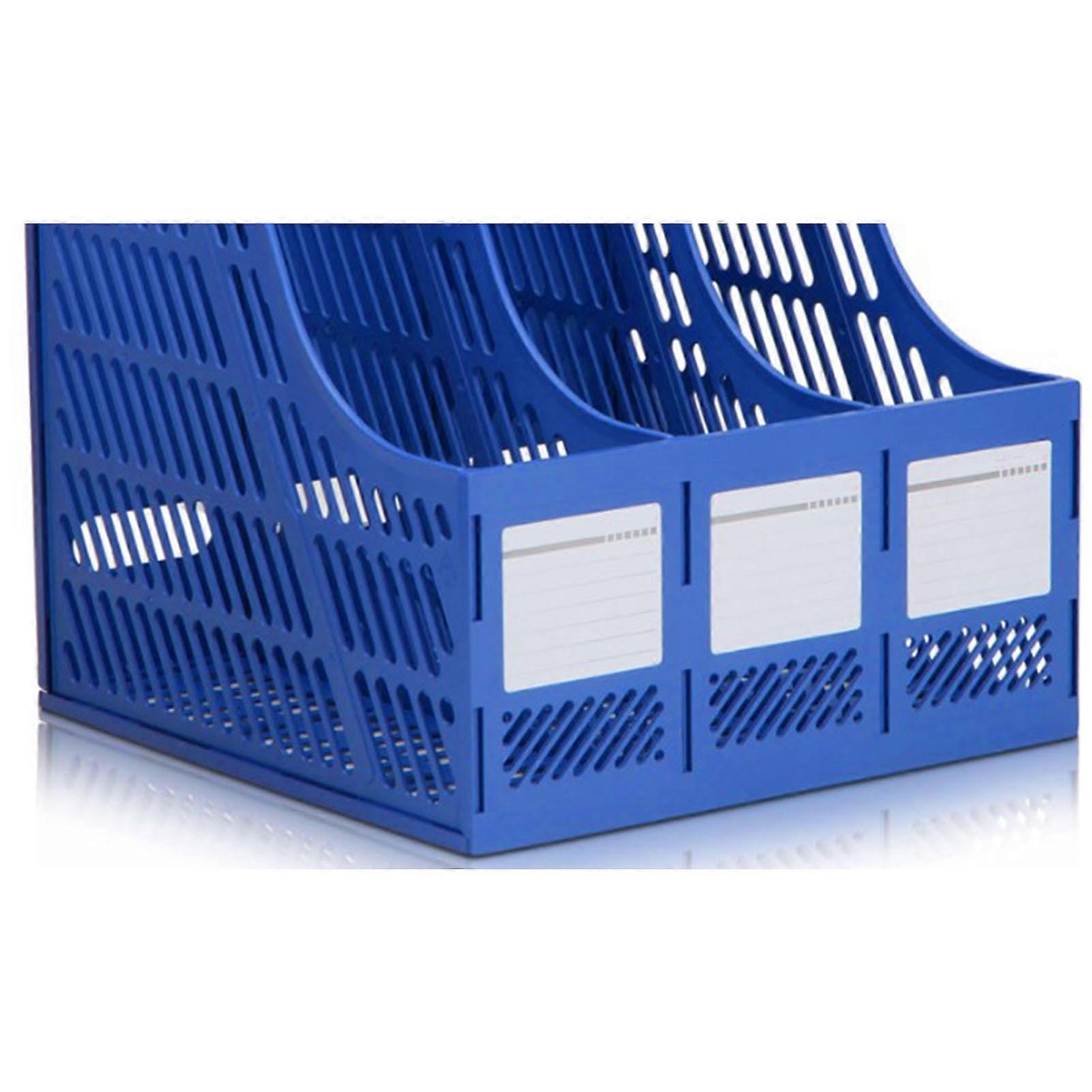 Desk Organizer File Holder Bookend 3 Compartments Plastic Blue for Tabletop Storage 