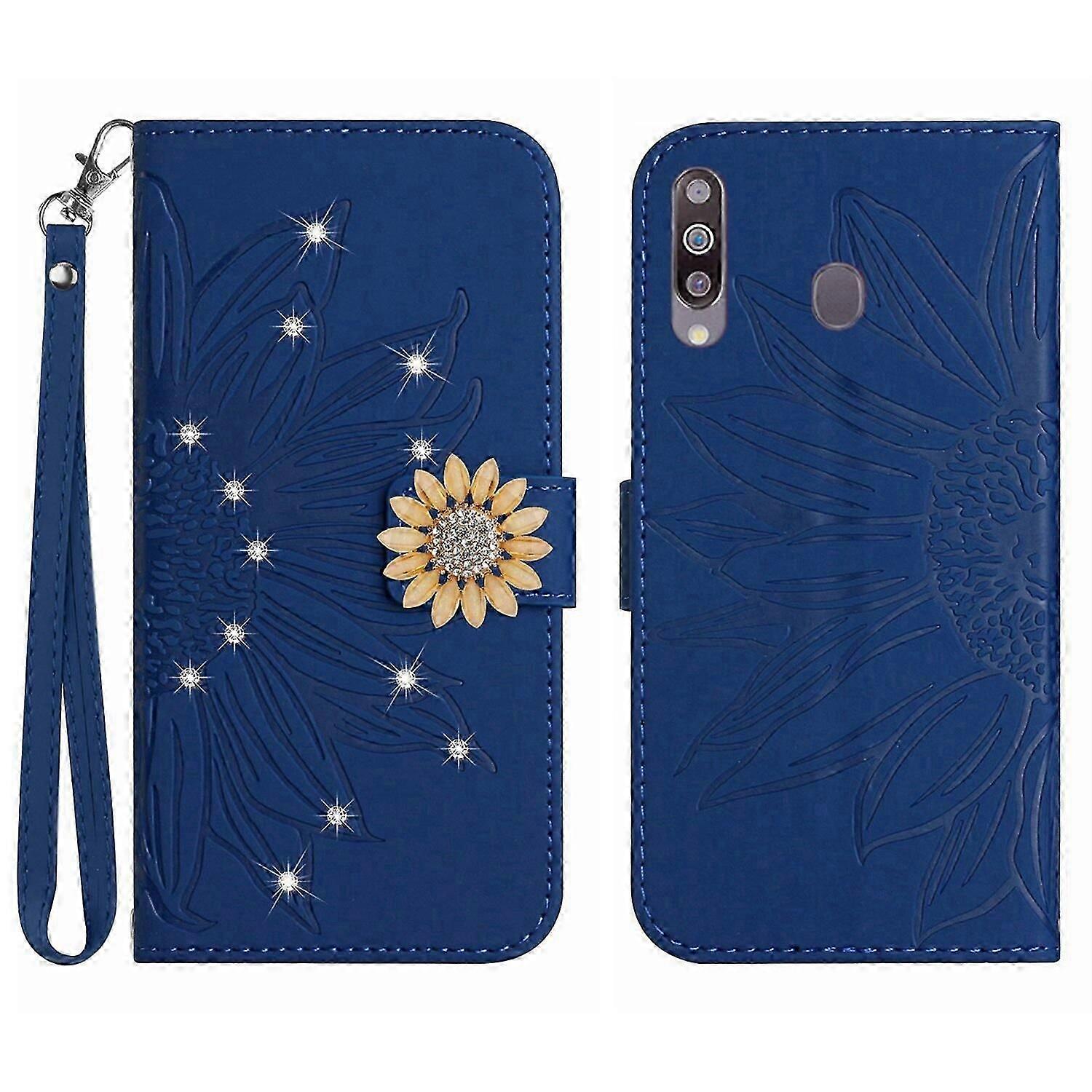 Compatible With Samsung Galaxy A20S Embossed Sunflower with Diamonds Magnetic Card Holder Wallet Phone Case with Short Strap