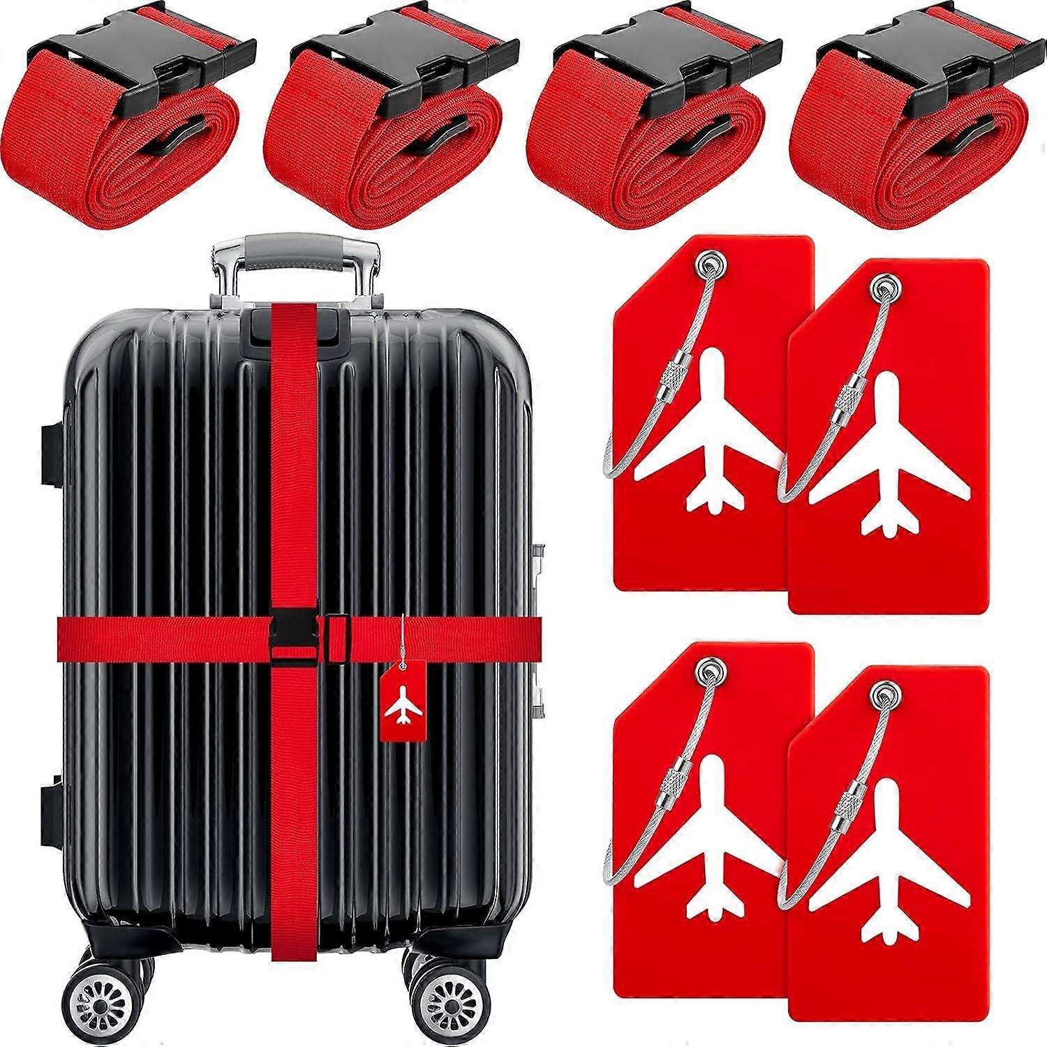 8-Piece TSA Luggage Set - 4 Adjustable Straps + 4 Silicone Tags with Card Slots - Luggage Travel Accessories (Red)
