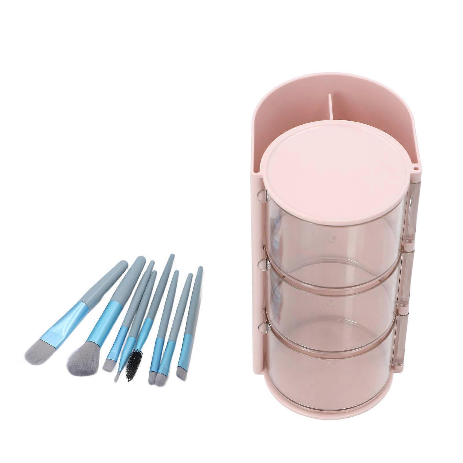 Storage Box with 8pcs Makeup Brushes Plastic Transparent Dust Proof Rotatable 3 Tier Dual Function Powder Puff Brush Organizer for Desktop