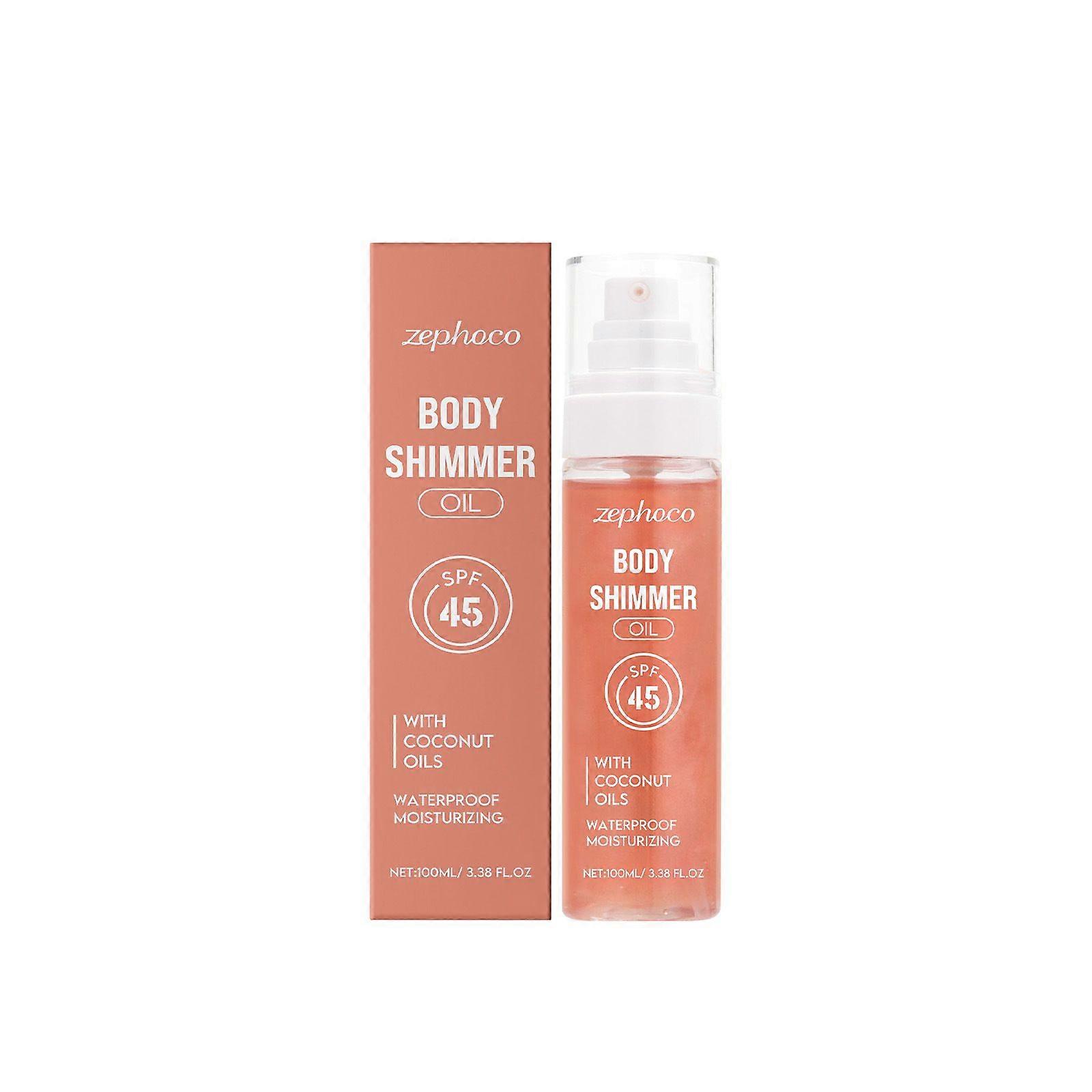 Body Glow Oil, SPF 45 Sunscreen Shimmer Body Oil with Coconut Oils, Moisturizing Wateproof Glowing Oil for Body & Face, Lightweight, Glowy Finish