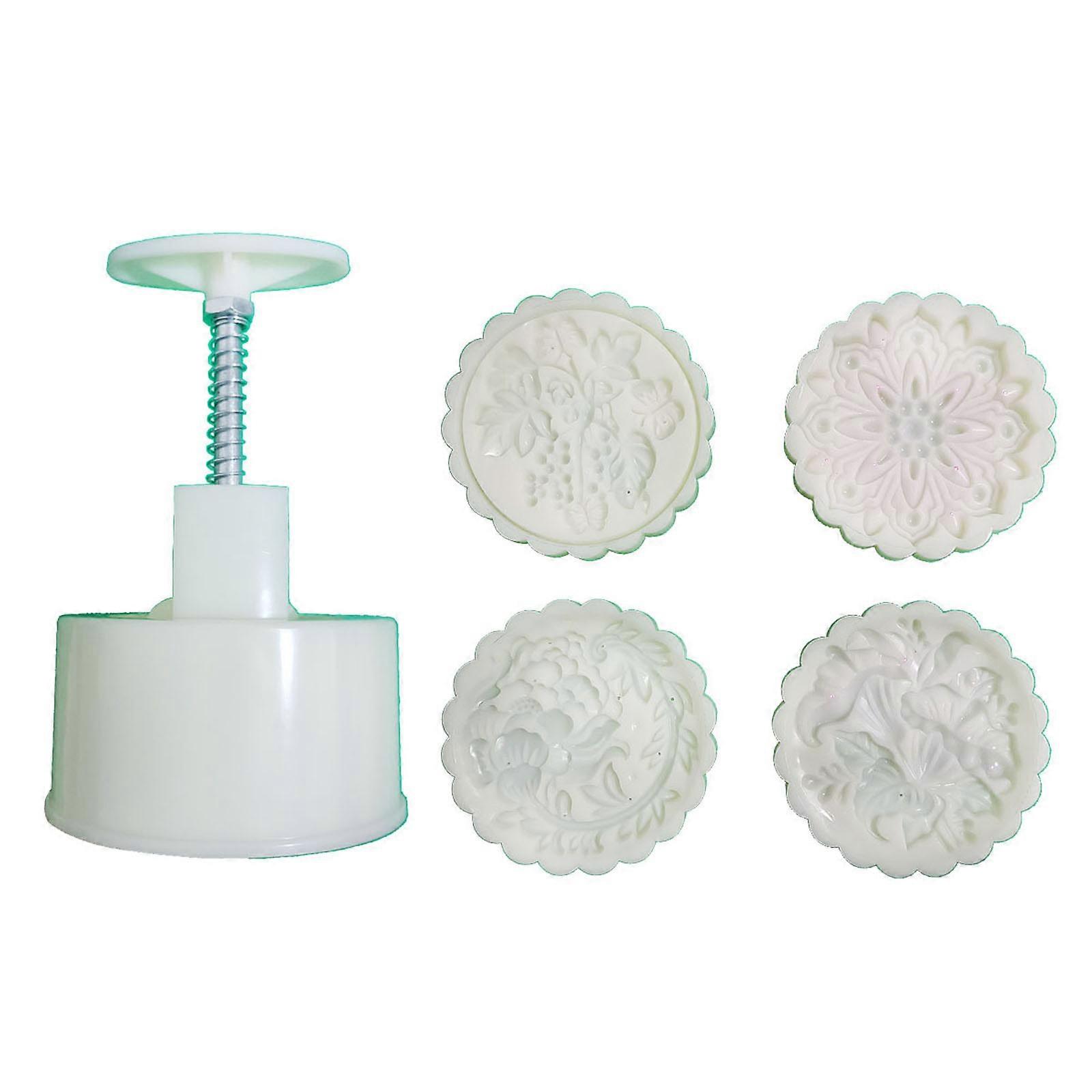 200g Mooncake Mold Hand Press Mooncake Stamps Plastic Pastry Gadgets Moon Cake Maker with 3D Grape Tulip Shaped Patterns Multicolor