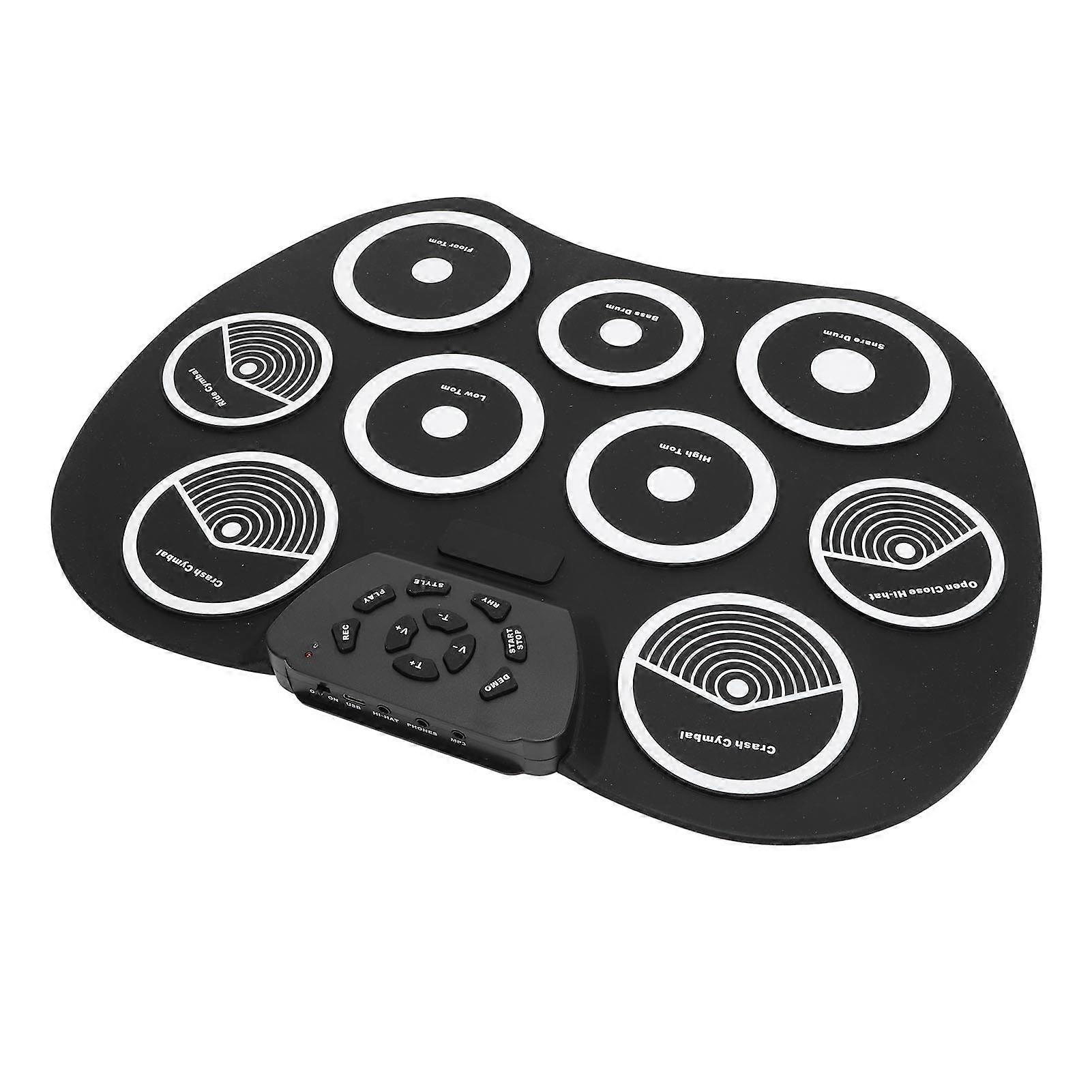 Electronic Drum Set with 9 Practice Pads 3.5mm Jack Silicone 7 Tone 10 Rhythms 10 Demo Songs Roll Up Drum Pad for Children