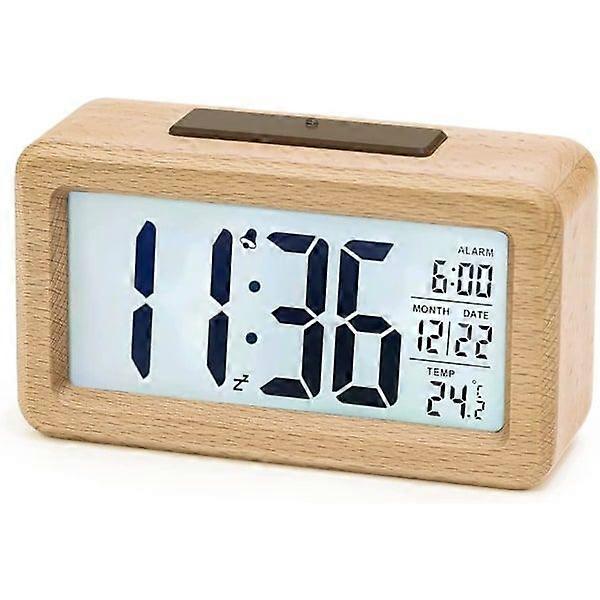 Wooden alarm clock with large LCD screen, temperature, snooze function, light sensor, 3 AAA battery powered [battery not included]