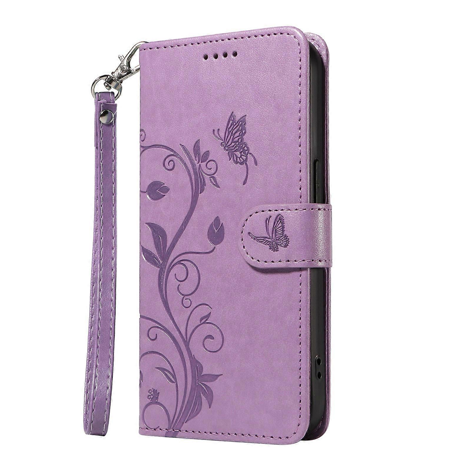 Veske Til Iphone 14 Pro Max Lilla Skinn Snor Preget Aprikos Tree Flip Card Spor