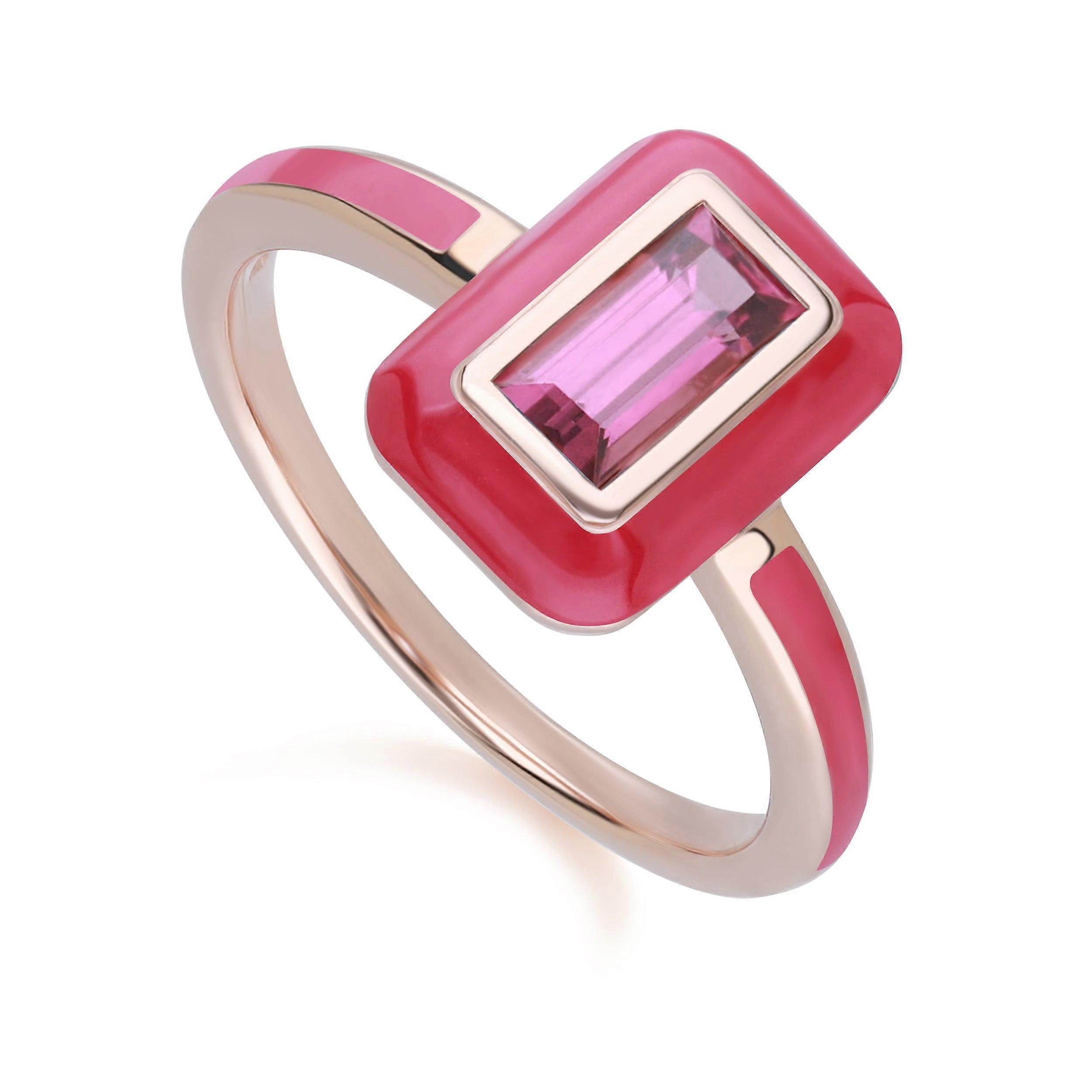 Siberian Waltz Pink Enamel & Baguette Rhodolite Ring in Rose Gold Plated Sterling Silver