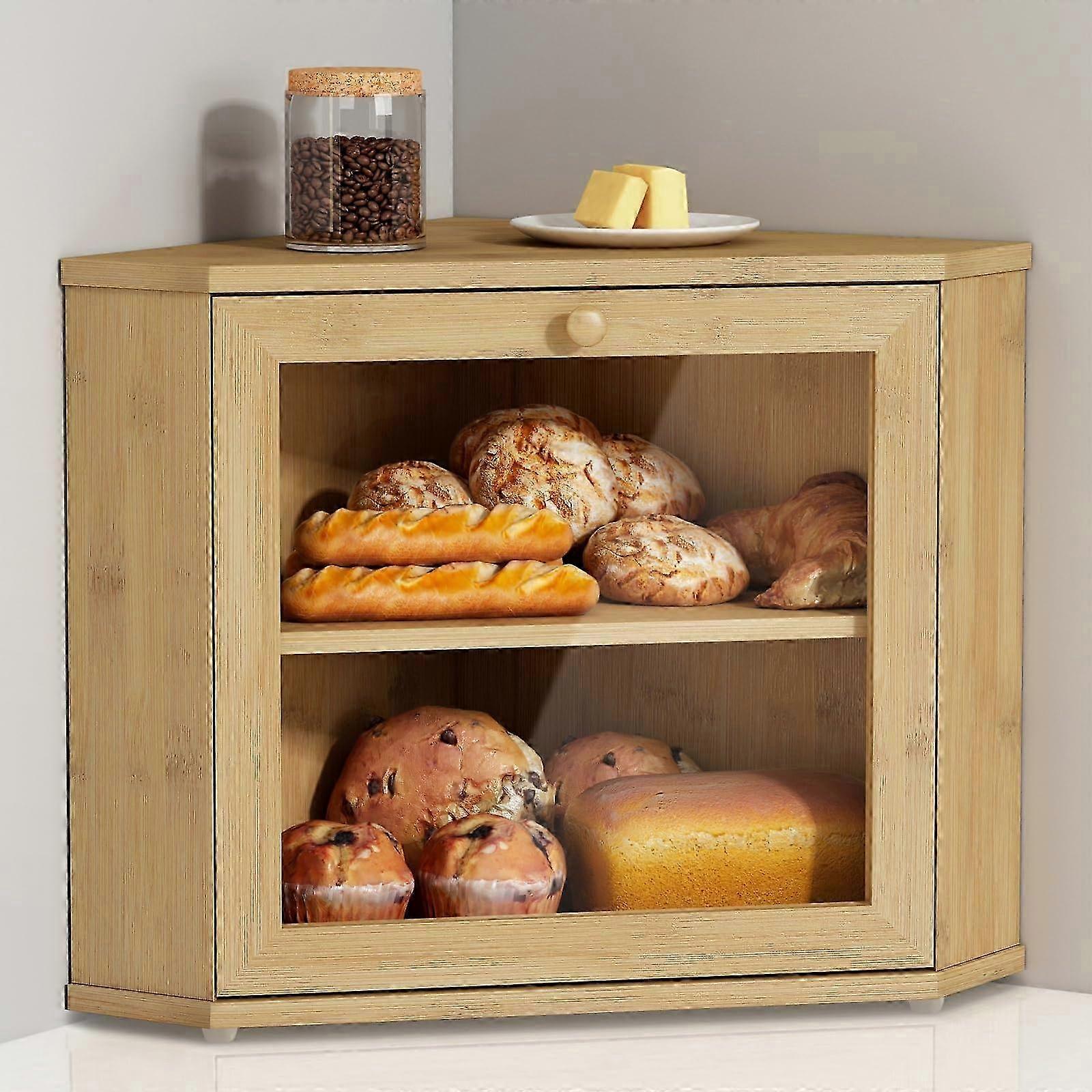 Bamboo Wooden Round Bread Box 2 Tier Kitchen Countertop Organizer