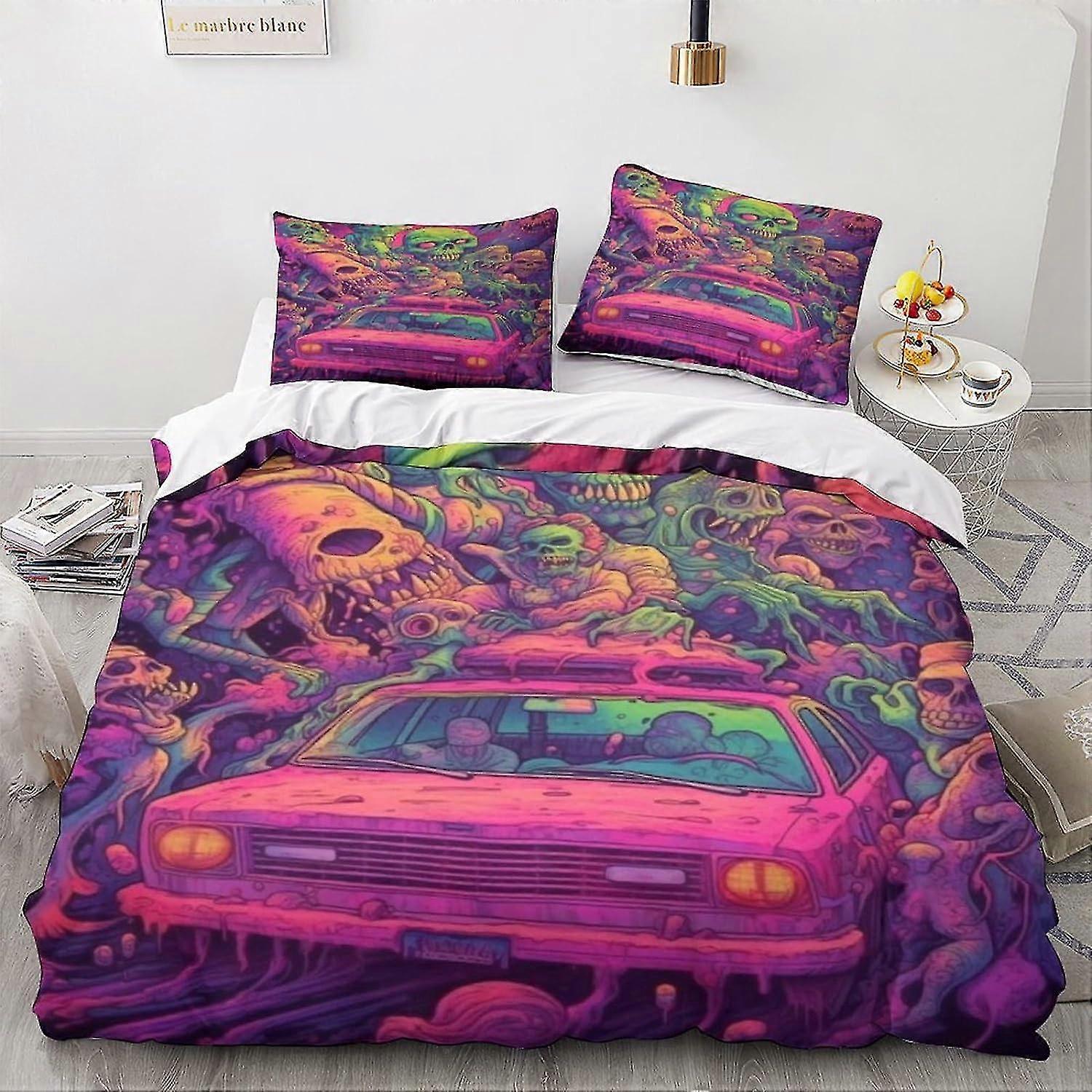 Monsters Duvet Cover Set 3D Cartoon Pattern Printed Bedding Vintage Car Quilt Cover Set, Soft Microfiber Double