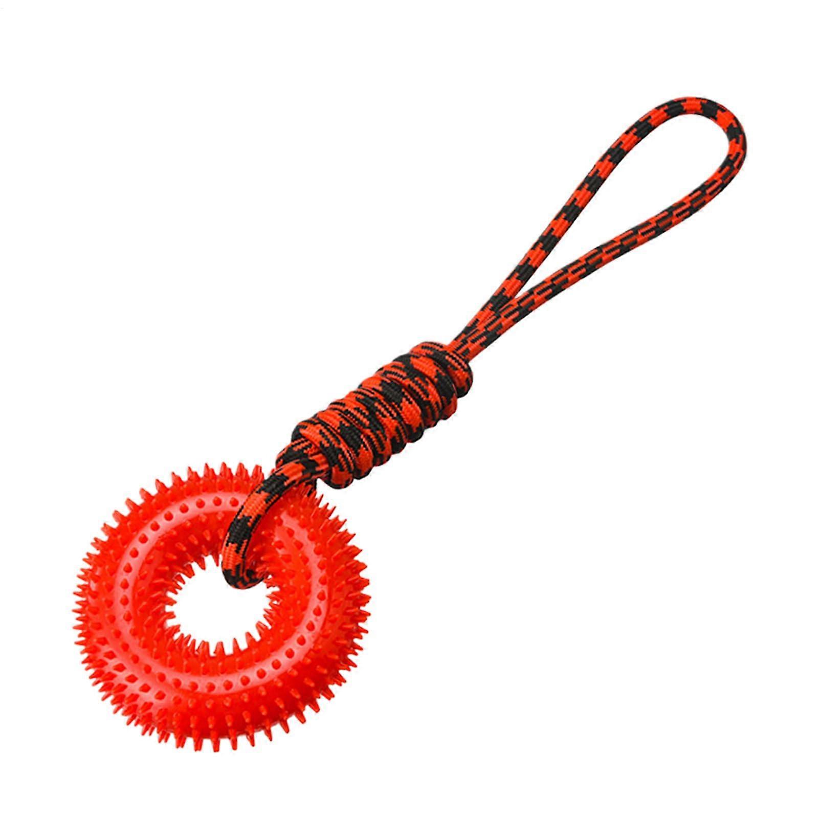 Squeaky dog toy, spiked ring chew trainer, indestructible with rope, red.