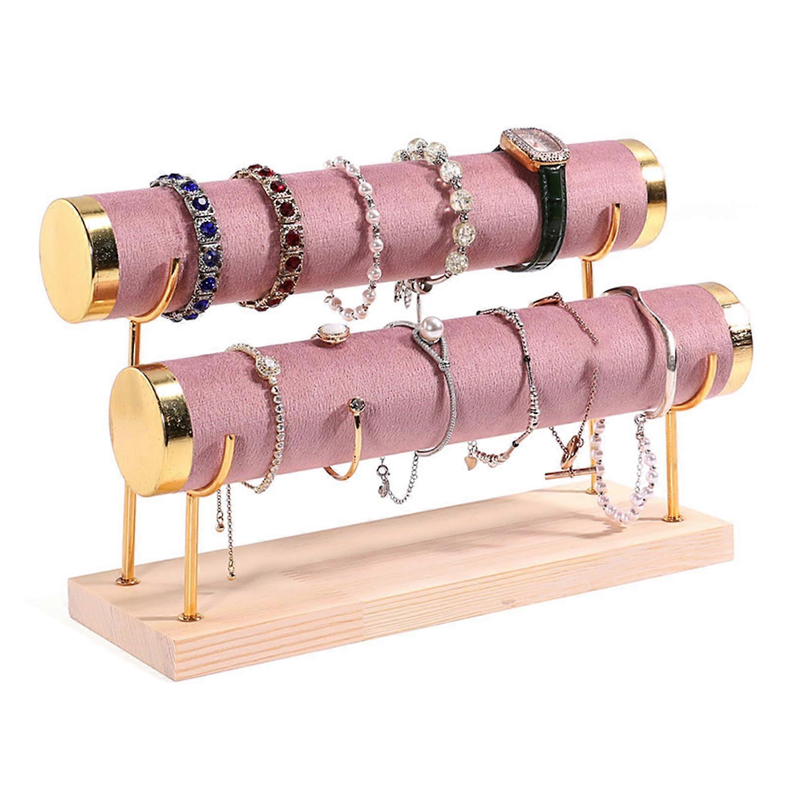 Solid Wood Jewelry Display Stand TwoLayer Pink Jewelry Rack And Watch Display Holder