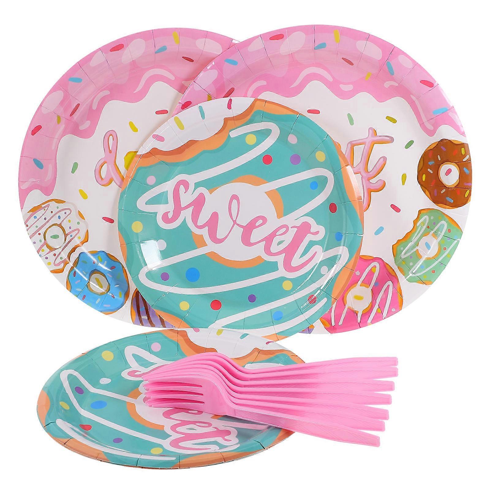 Party Supplies Donut Themed Tableware Donut Pattern Plates Use 48Pcs