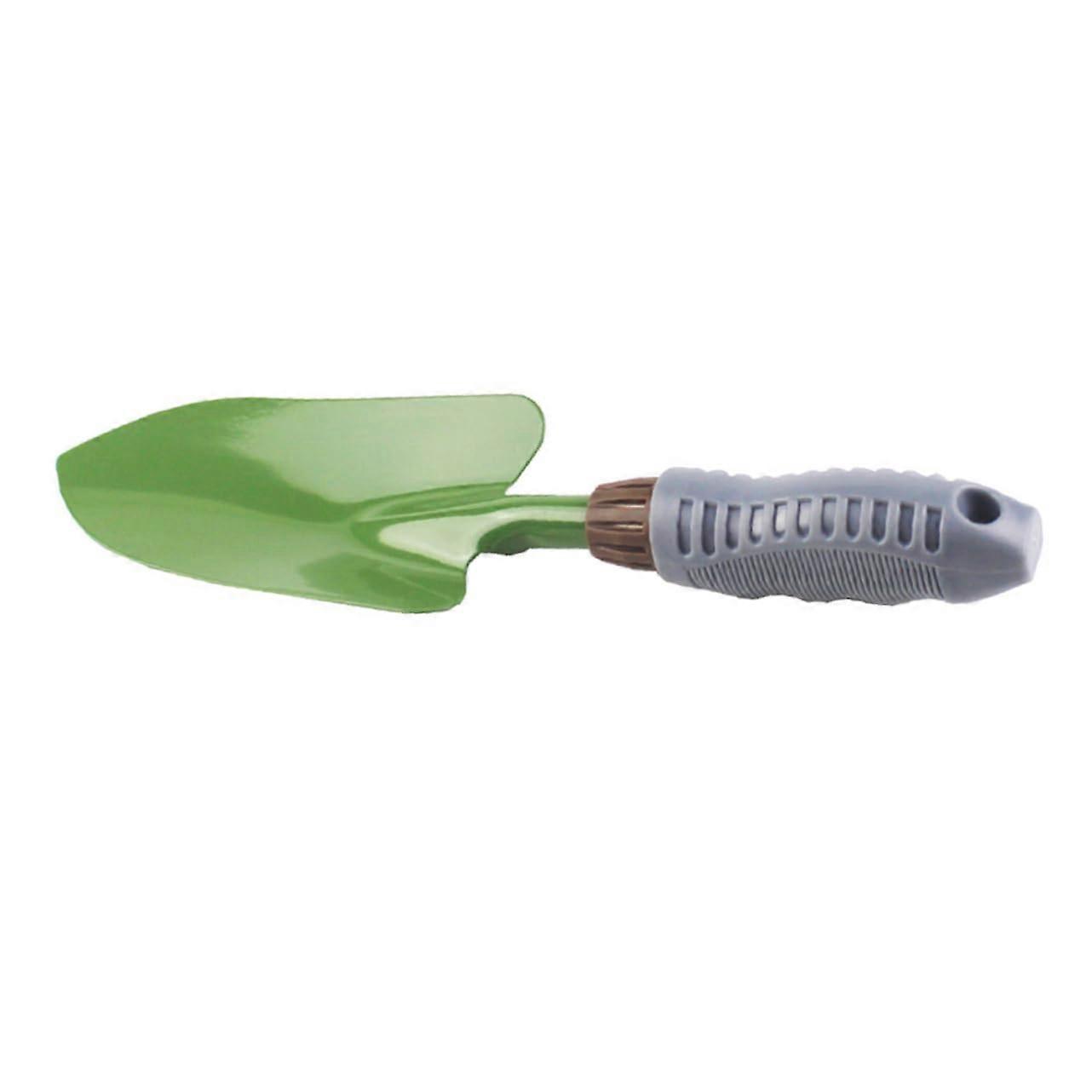 Garden shovel with nonslip PVC handle, ergonomic design for transplanting, green.