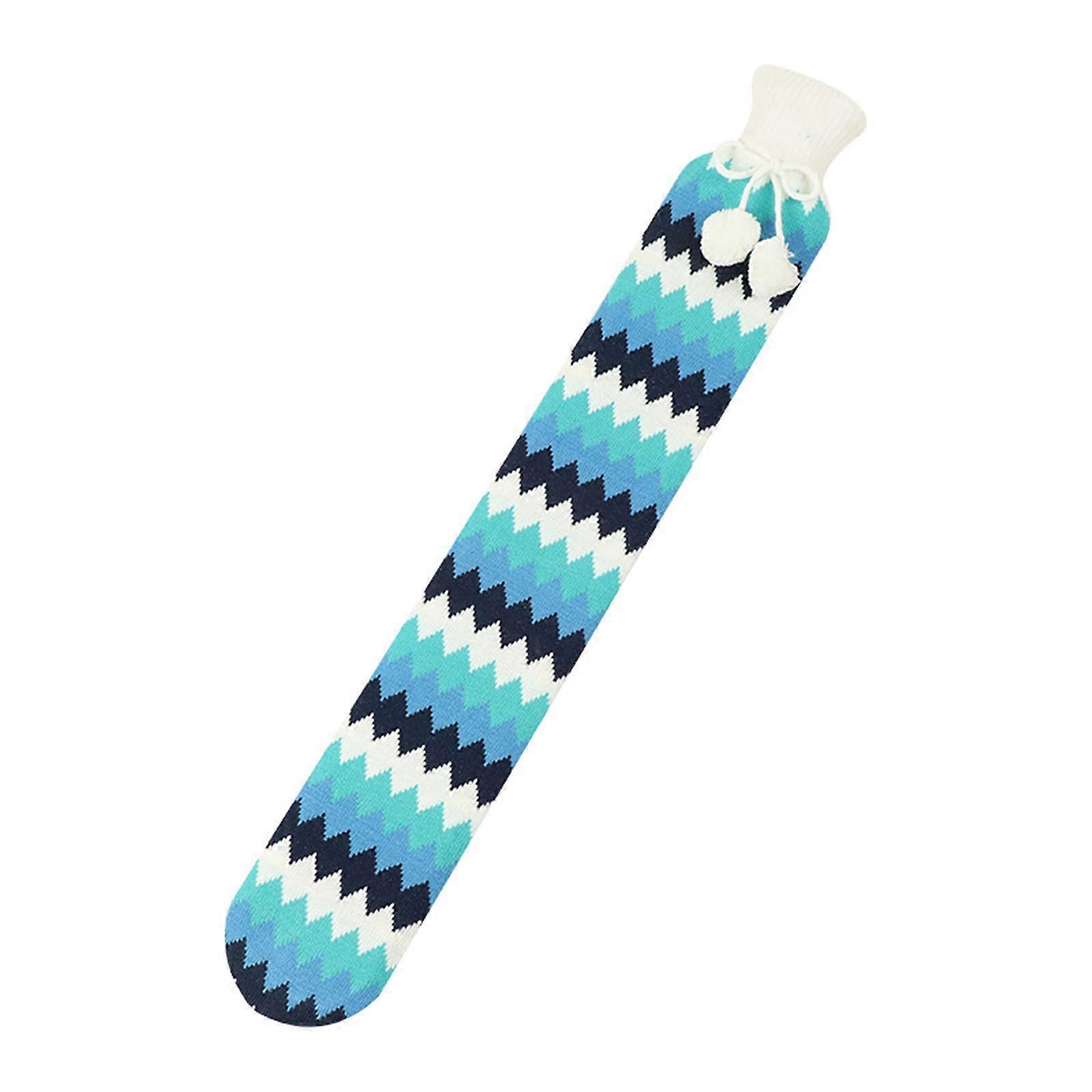 2000ml Plush Knitted Hot Water Bottle Long Stripe Design Blue Diamond Pattern Soft Heat Bag for Winter Comfort
