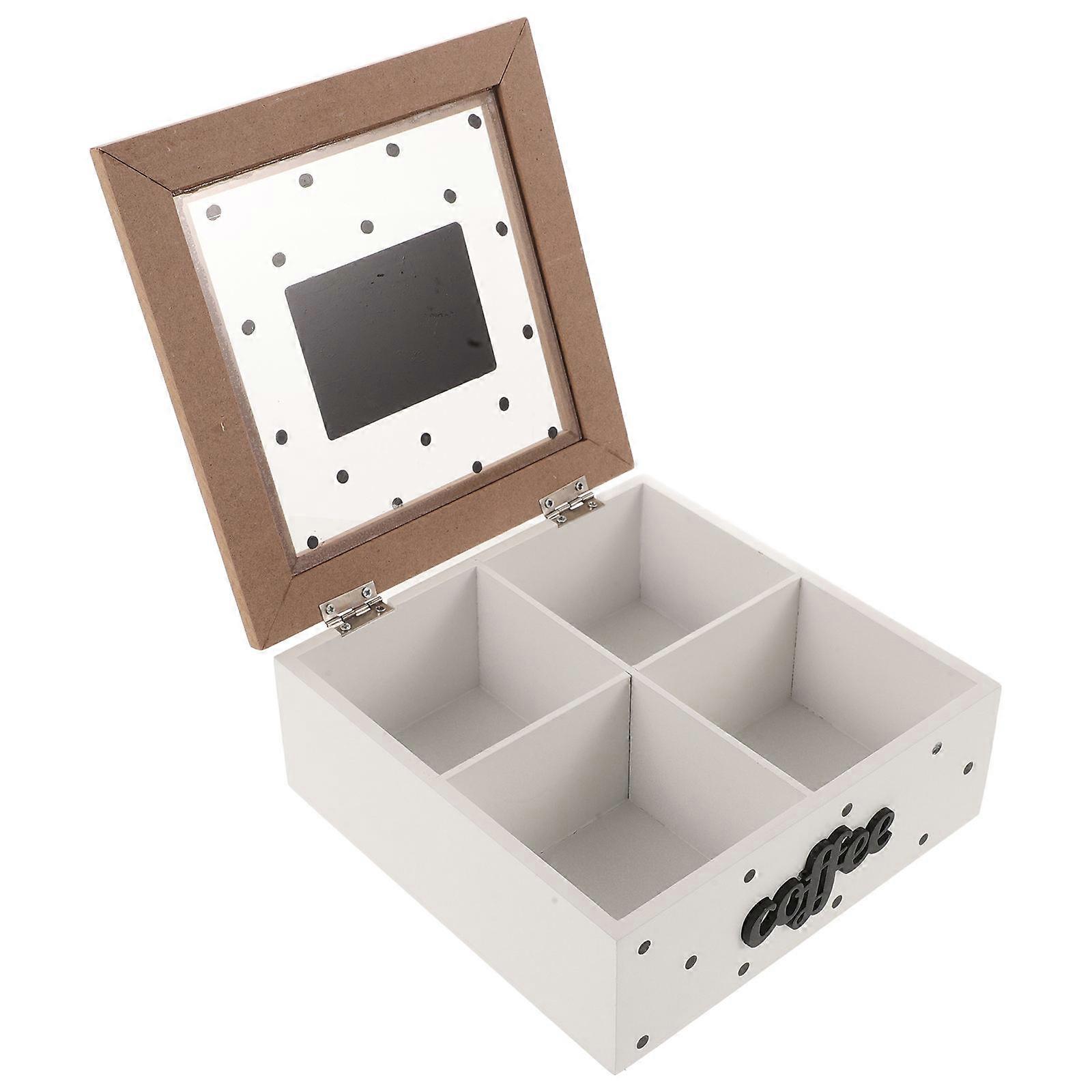 Wooden Tea Bag Organizer with Glass Lid for Storage 4 Compartments Elegant Nordic Design White
