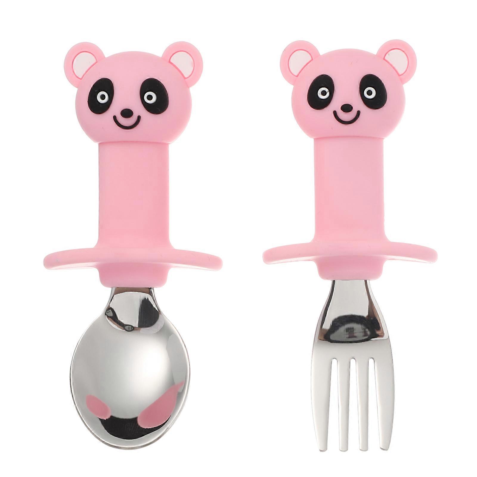 Pink Baby Feeding Spoon and Fork Set with Non-Slip Short Handle for Kids Use 1 Set
