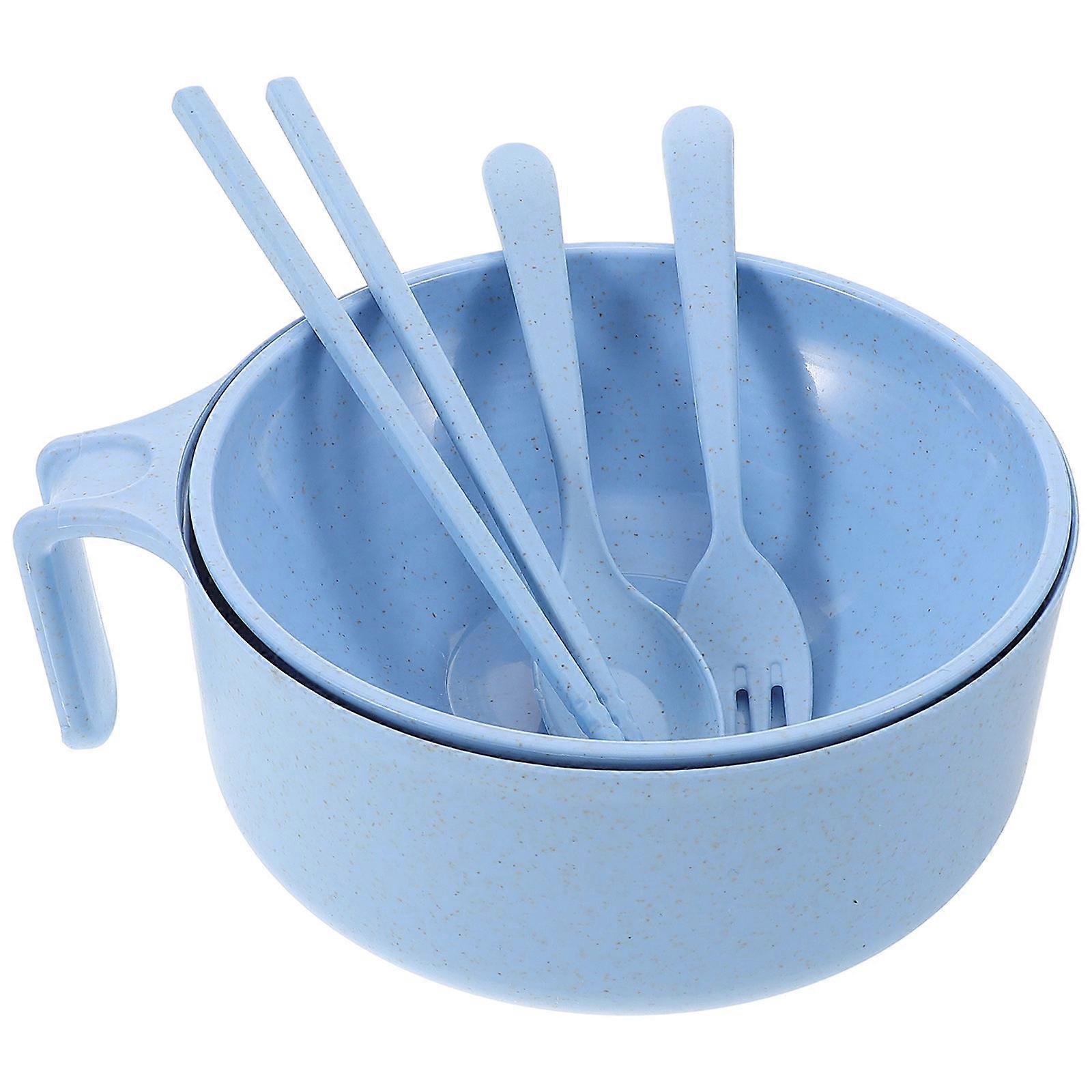 Ramen Noodle Bowl Set with Lid and Utensils Microwave Safe Lightweight Straw Material Skyblue 7.9 Inches Diameter
