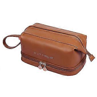 2025 Bolsa de Cosméticos de Camada Dupla, Bolsa de Maquiagem de Viagem, Bolsas de Viagem Cosméticas Mocha Brown