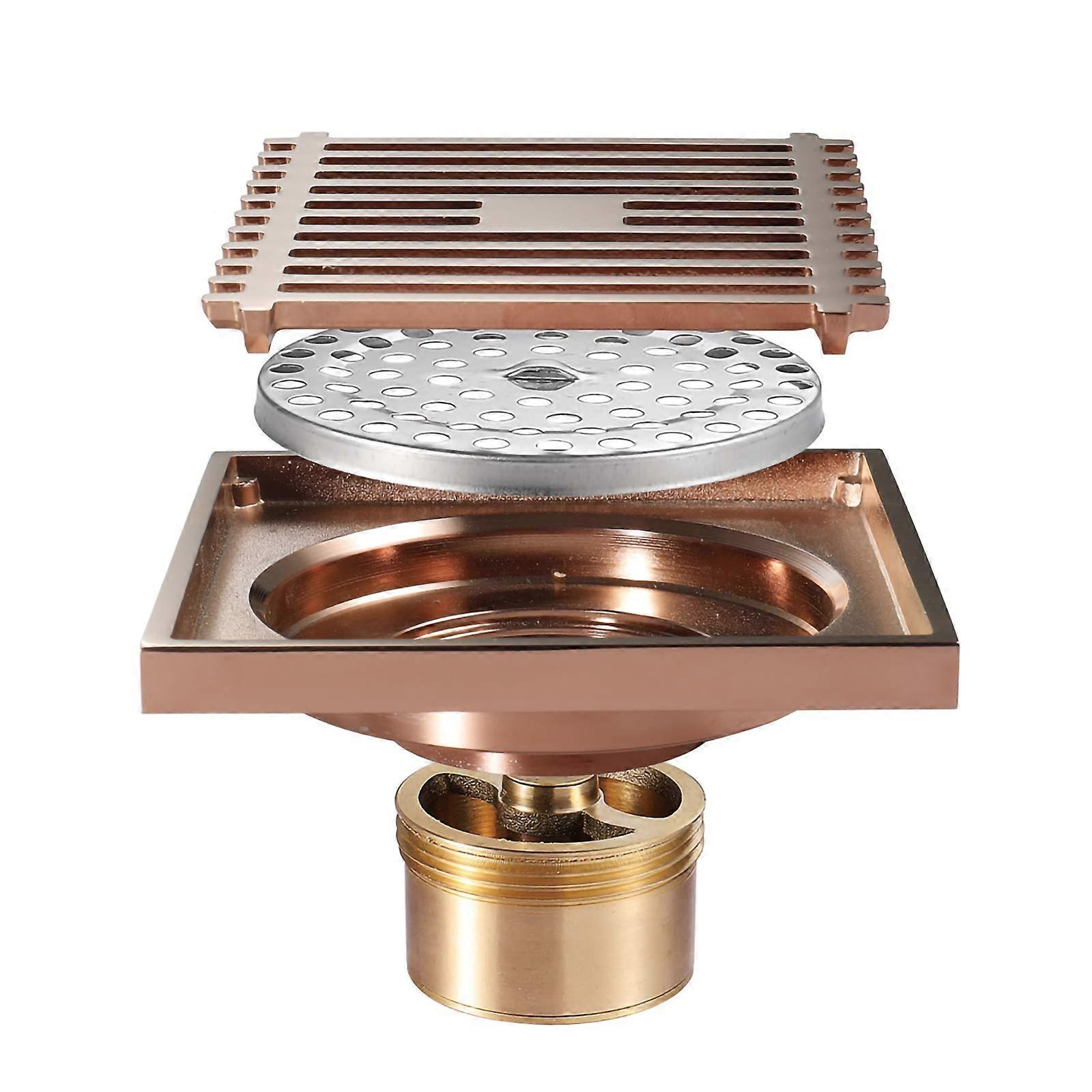 Antique Shower Drain, Brass, Odor Neutralizer, Square Floor Drain, High Flow, Removable Grate, 100x100mm, Rose Gold