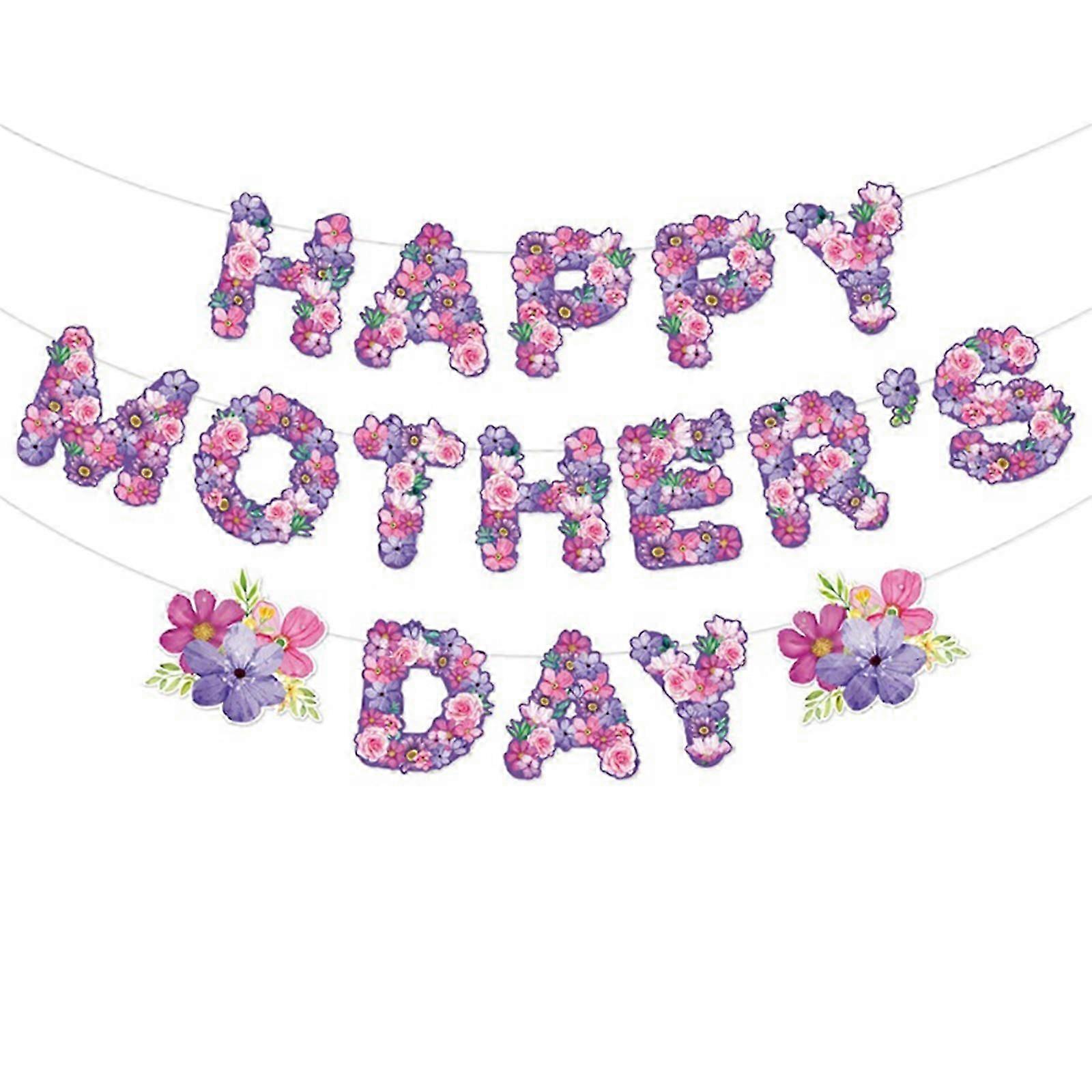 Happy Mother's Day Banner Pink Rose Red Mothers Day Bunting Banner with Heart Signs, Best Mom Ever Thanks Mom Paper Banner for Home Wall