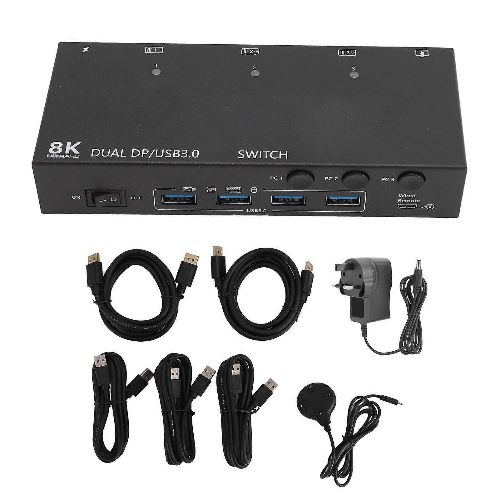 Dual DP USB 3.0 KVM Switch 3 Computers 2 Displays 8K 30Hz 4K 144Hz UK Plug