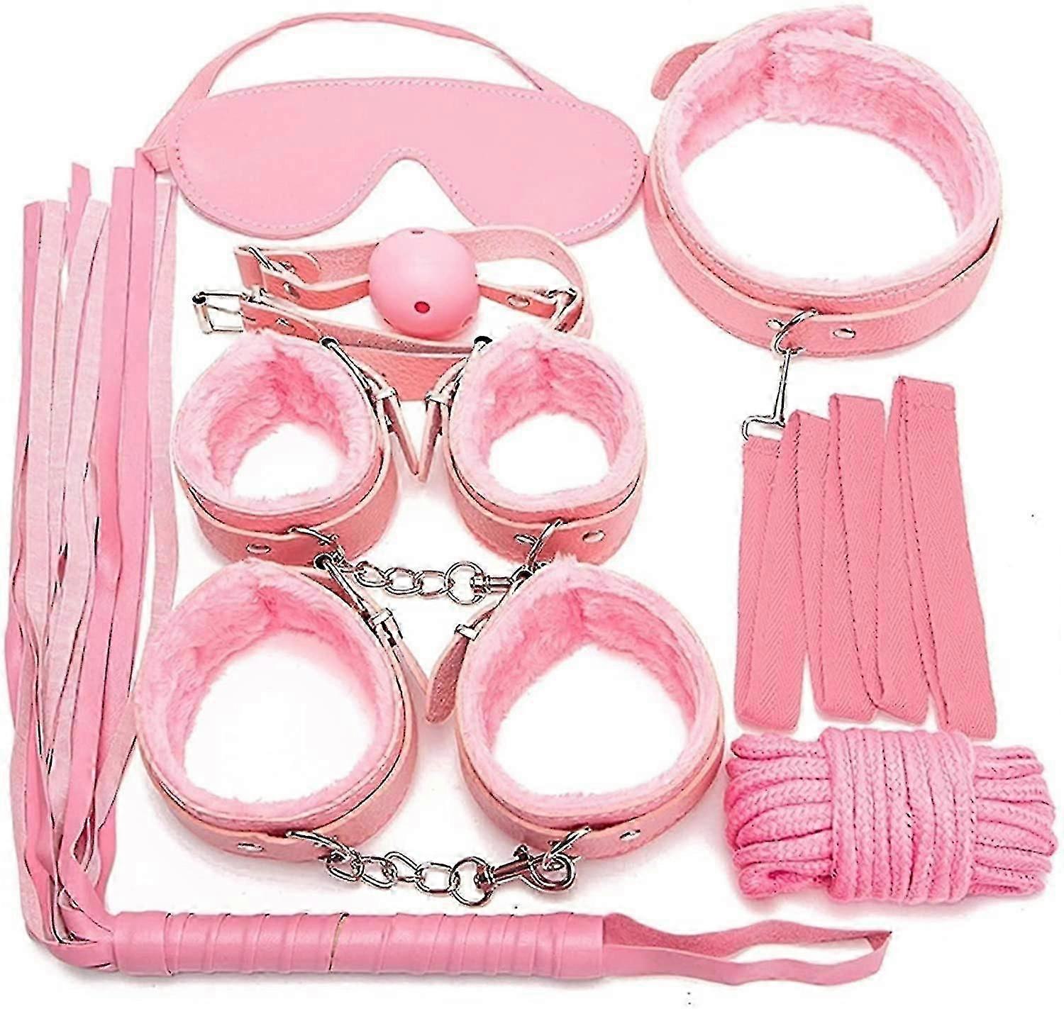 7pcs/set Leather Bodaged Kit Adlt Explay Hndcffs/whps/ball Gg/rope/collr Bdm