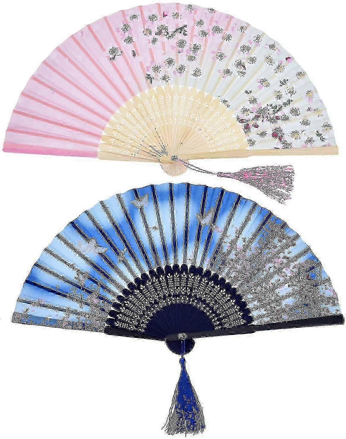 2pcs Chinese Style Folding Hand Held Fan Portable Glitter Wedding Party Christmas
