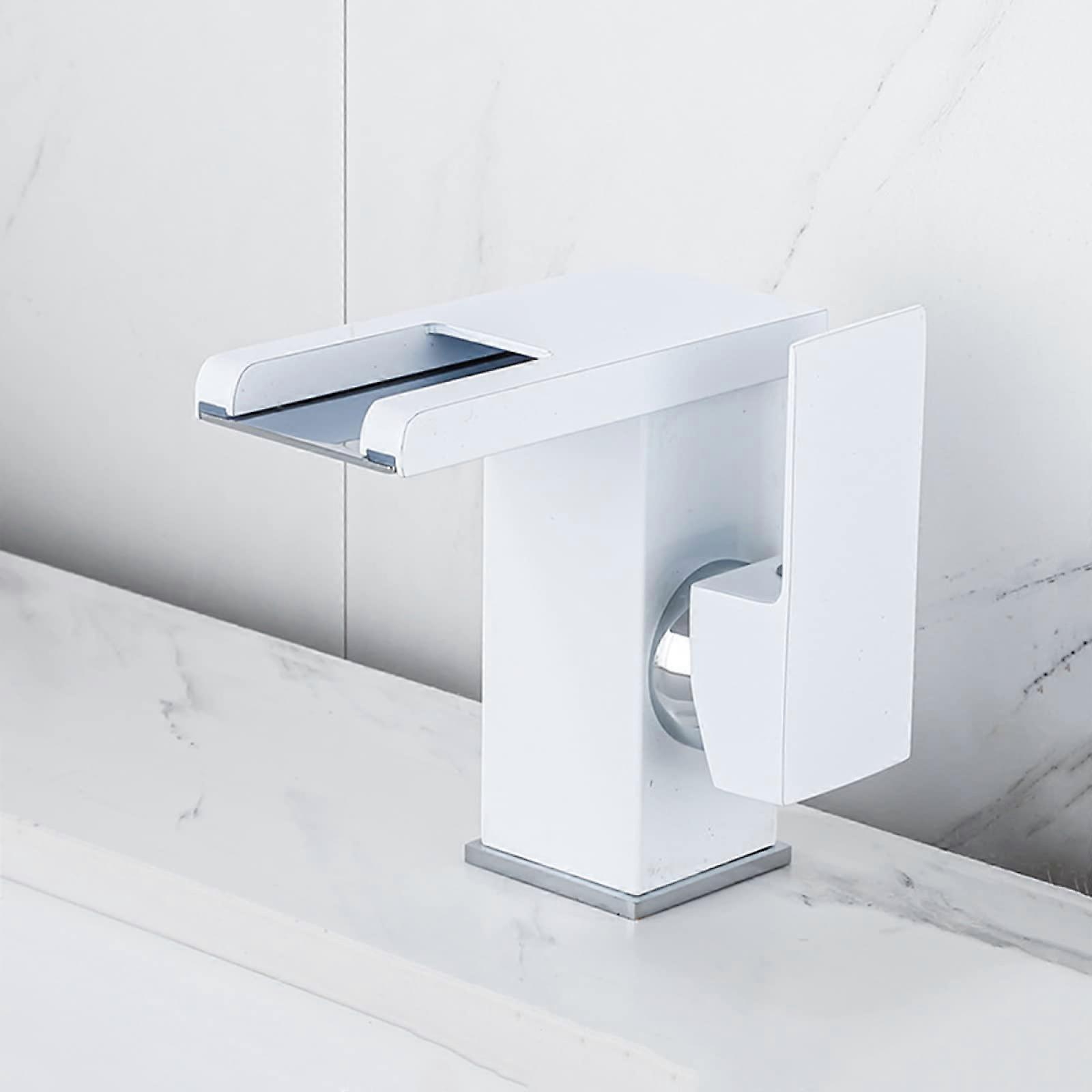 Waterfall Basin Mixer LED, Brass Bathroom Sink Faucet, 3Color Changing, SingleHandle 1Hole, White Commemoration Day
