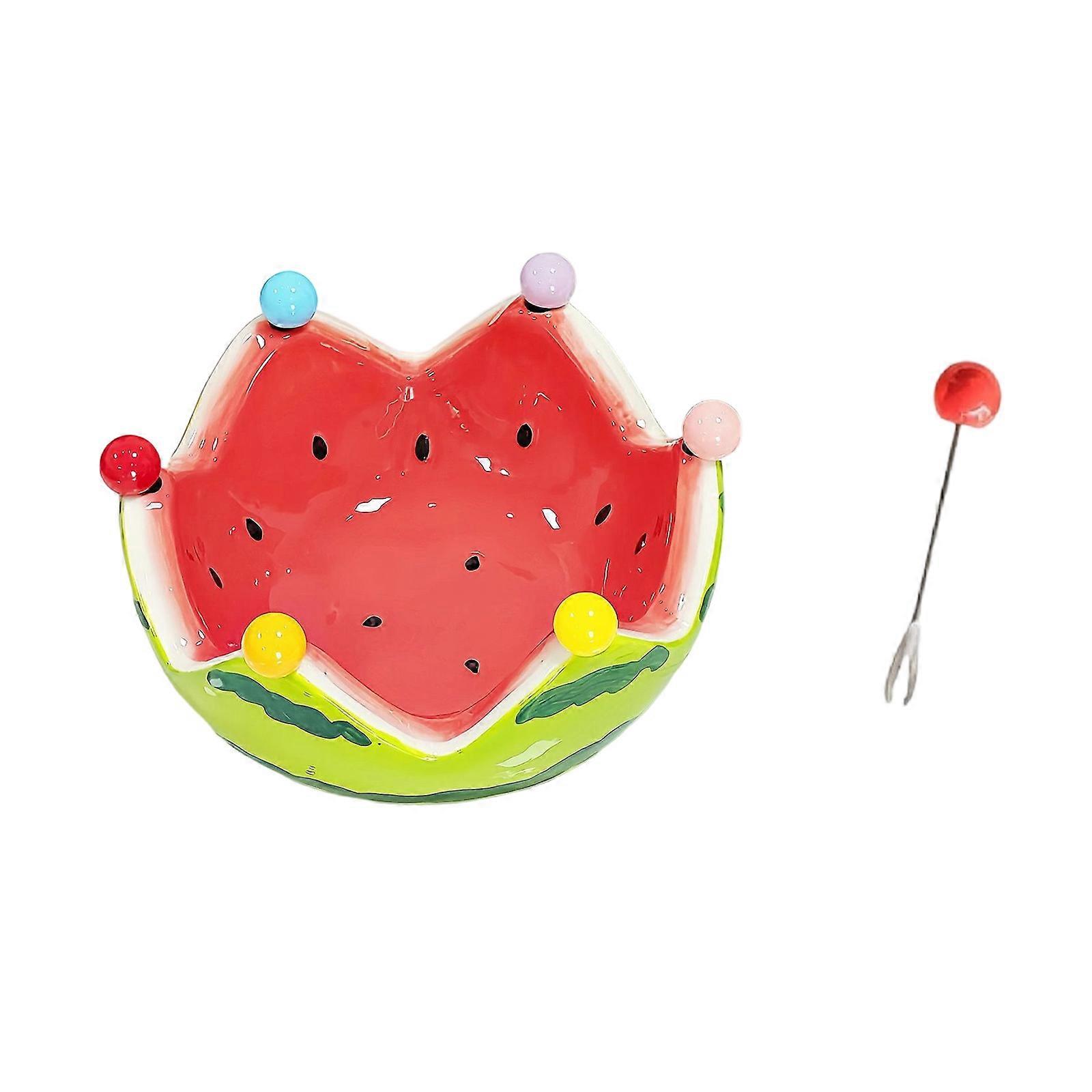 Oversized Ceramic Fruit Bowl 6 Stainless Steel Forks Set Watermelon Shaped Serving Platter For Picnics BBQs Use  Red