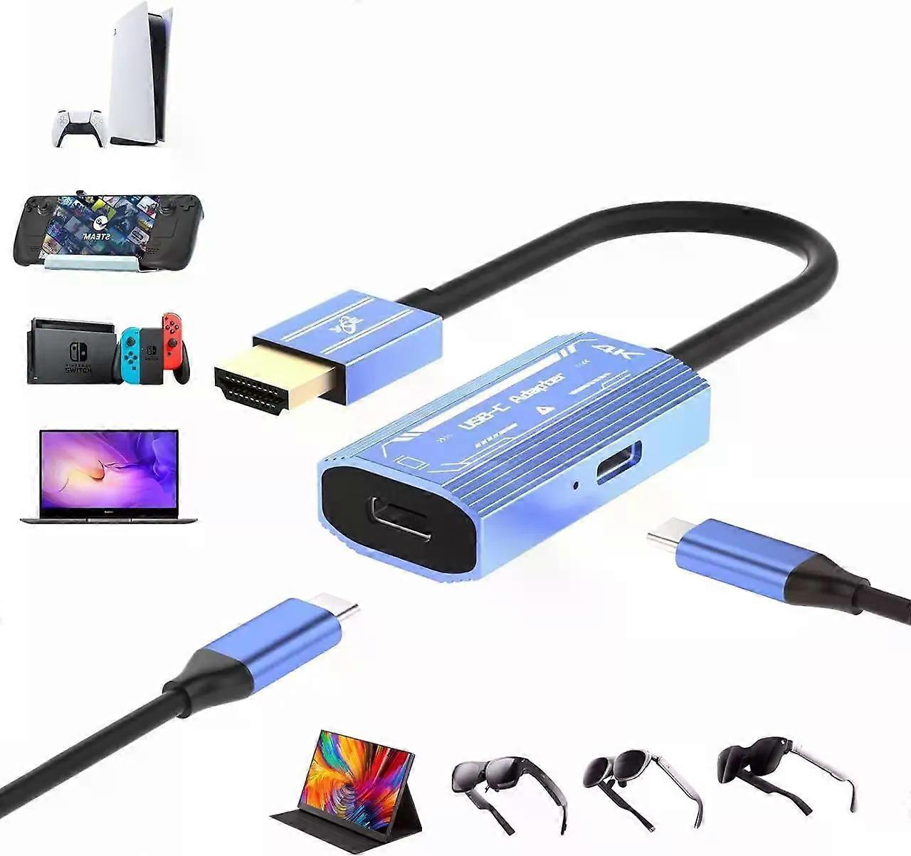 HDMI to USB C AR Glasses Adapter(4K@60Hz). C Port Be Suitable for XR/AR Glasses,Portable Monitor, Projector. HDMI Port Compatible Steam Deck,PS4/5,Xbo