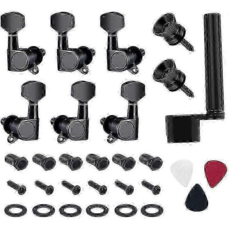 6 Pieces Guitar String Tuning Pegs Keys 3 Left 3 Right Guitar Machine Heads Knobs With Strap Button Locks Picks And Guitar String Winder (black)