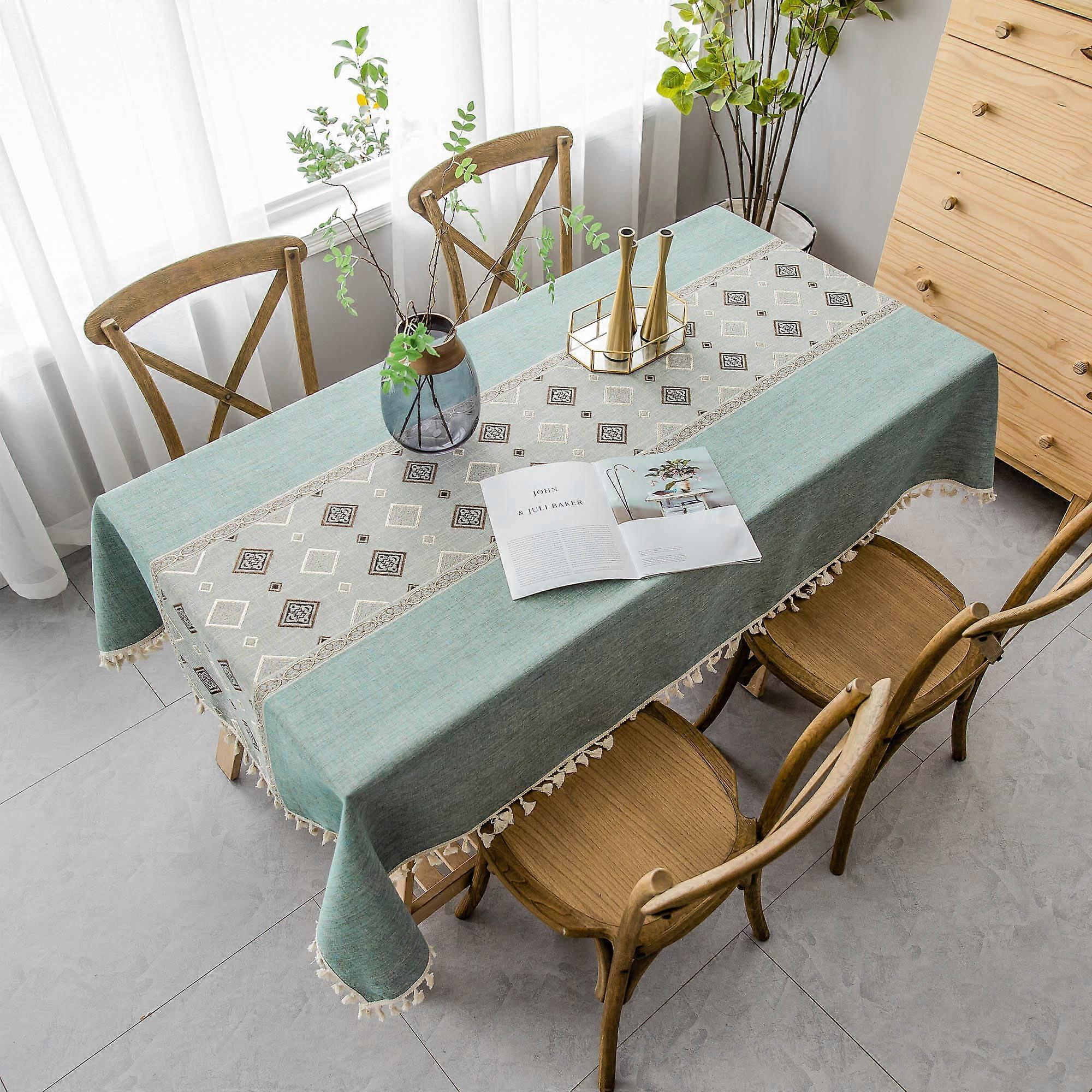 Linen and Cotton Rectangular Tablecloth, Square Stitching Tassel Shaped Rectangular Tablecloths Washable Tablecloths(140x180cm)